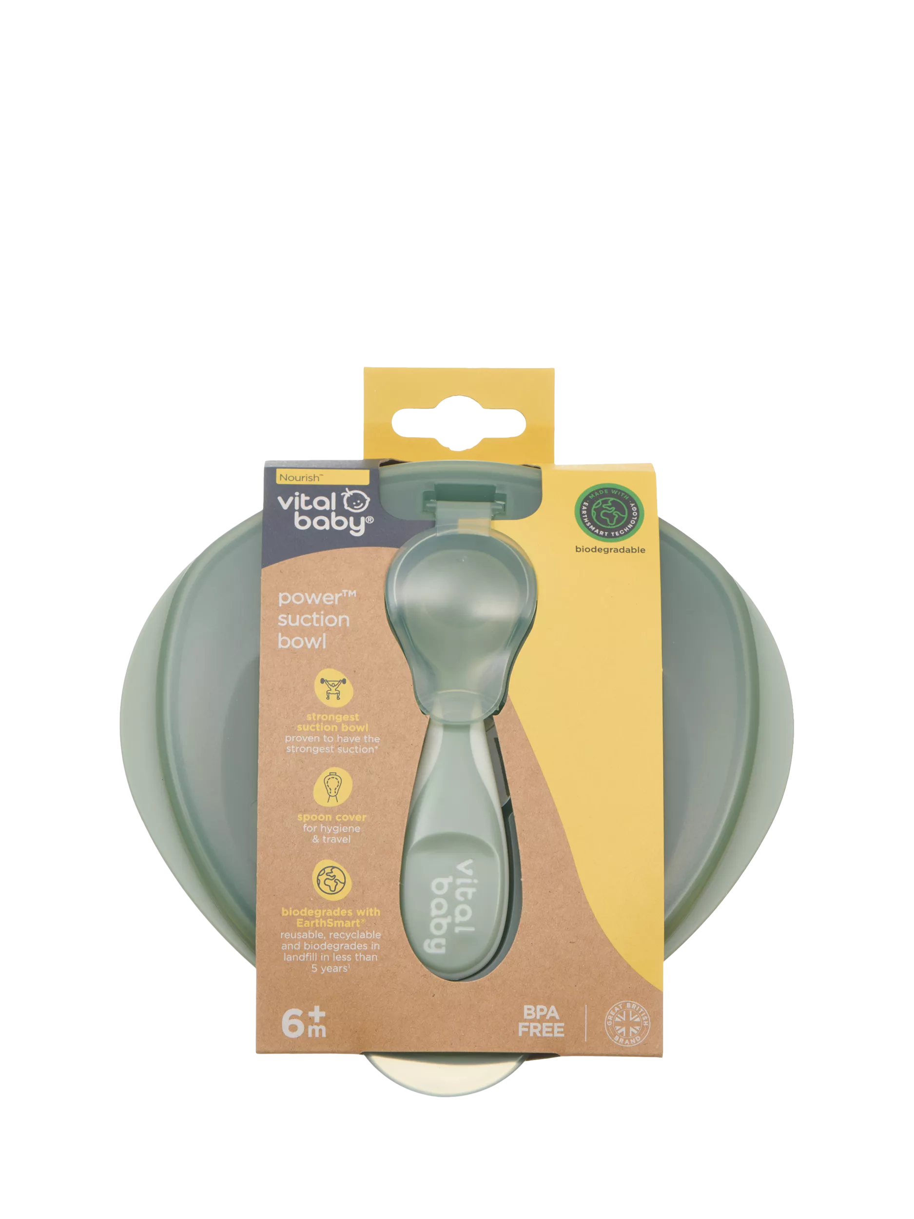 Vital Baby suction bowl in Natural Moss with chunky spoon and lid (British brand)