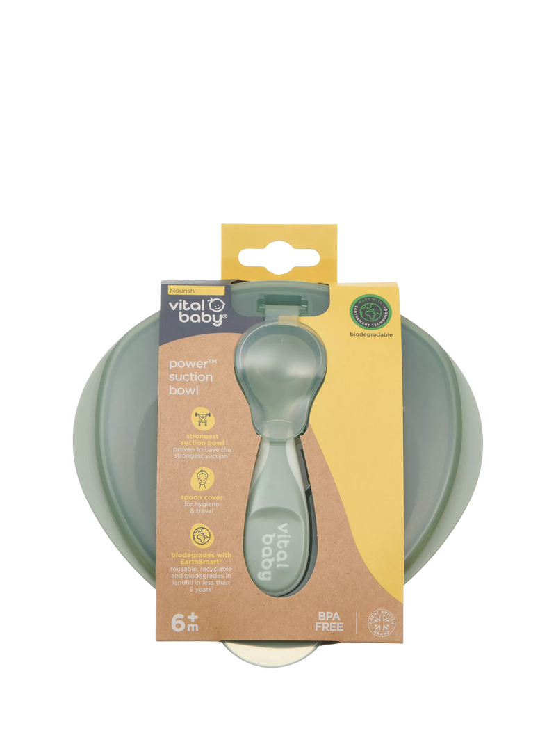 Vital Baby suction bowl in Natural Moss with chunky spoon and lid (British brand)