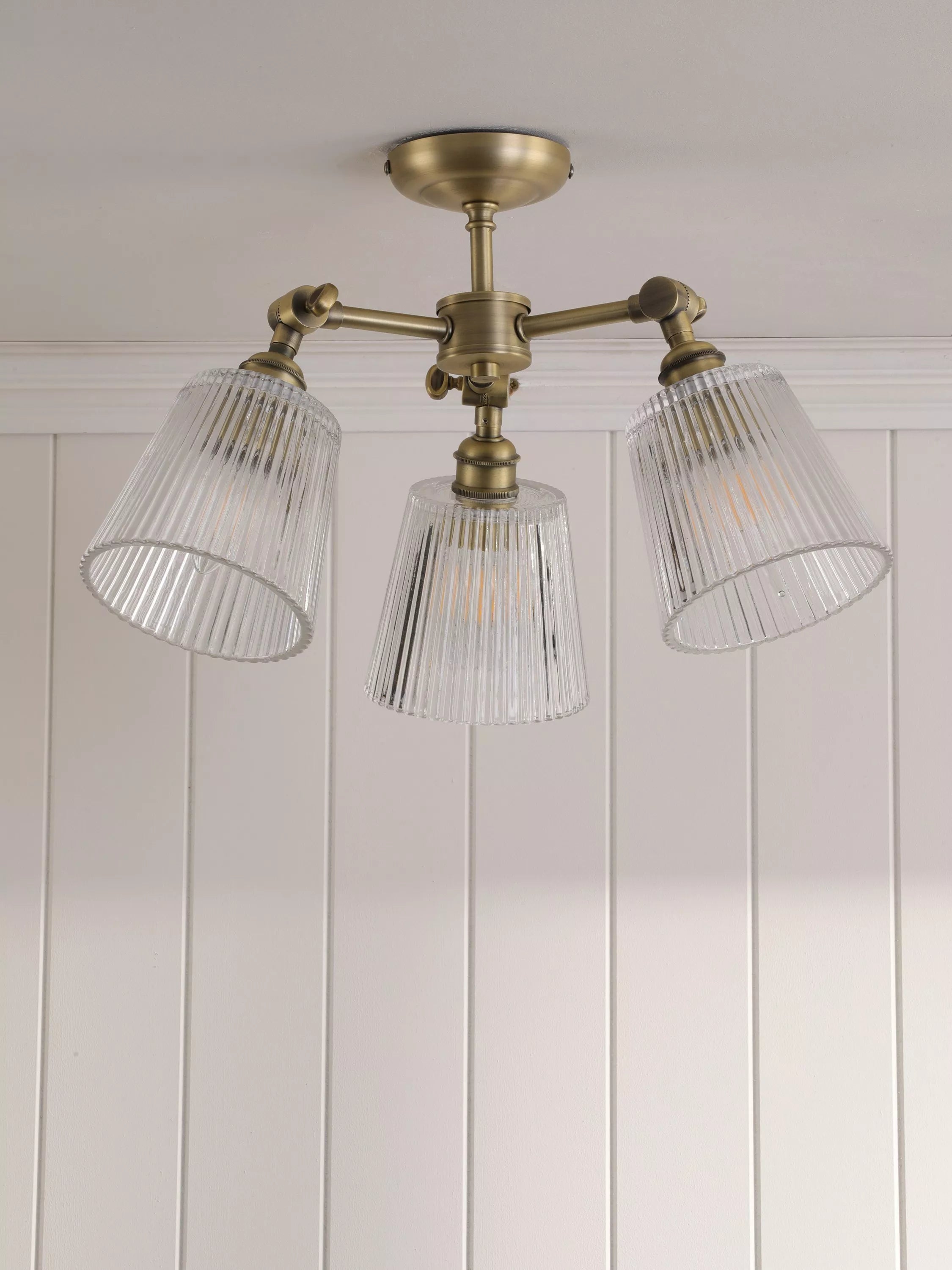 Laura Ashley Callaghan semi-flush ceiling light clear fluted glass antique brass, imported from the UK