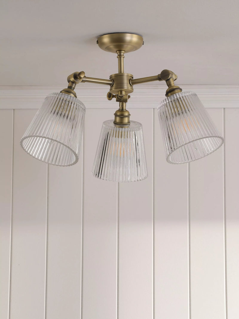 Laura Ashley Callaghan semi-flush ceiling light clear fluted glass antique brass, imported from the UK