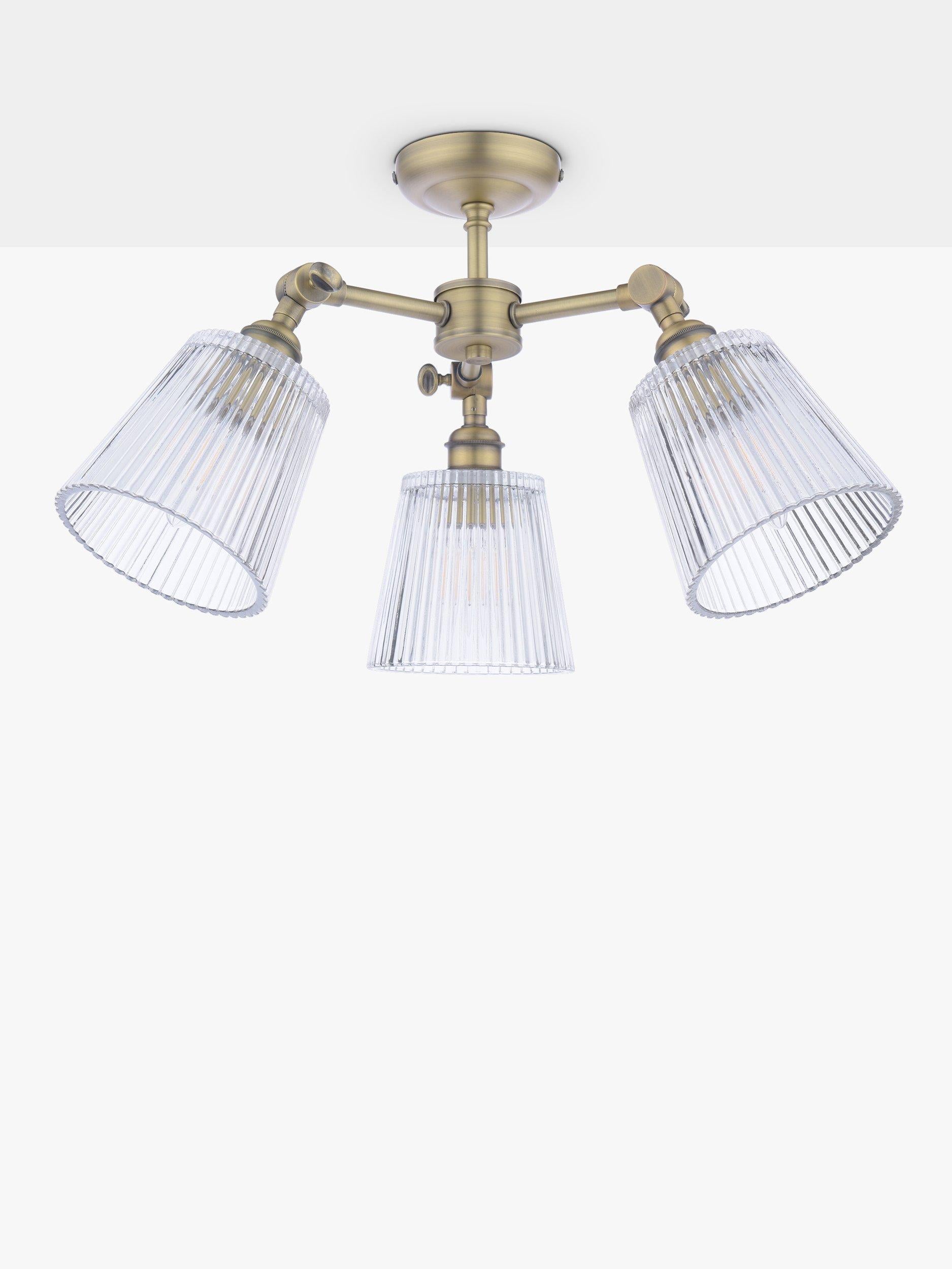 Laura Ashley Callaghan semi-flush ceiling light clear fluted glass antique brass, imported from the UK