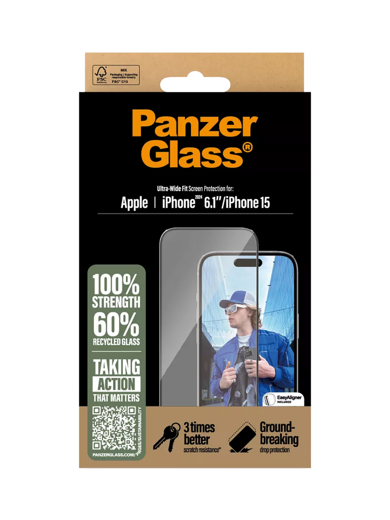 PanzerGlass screen protector Ultra-Wide Fit for iPhone 16/15, UK version