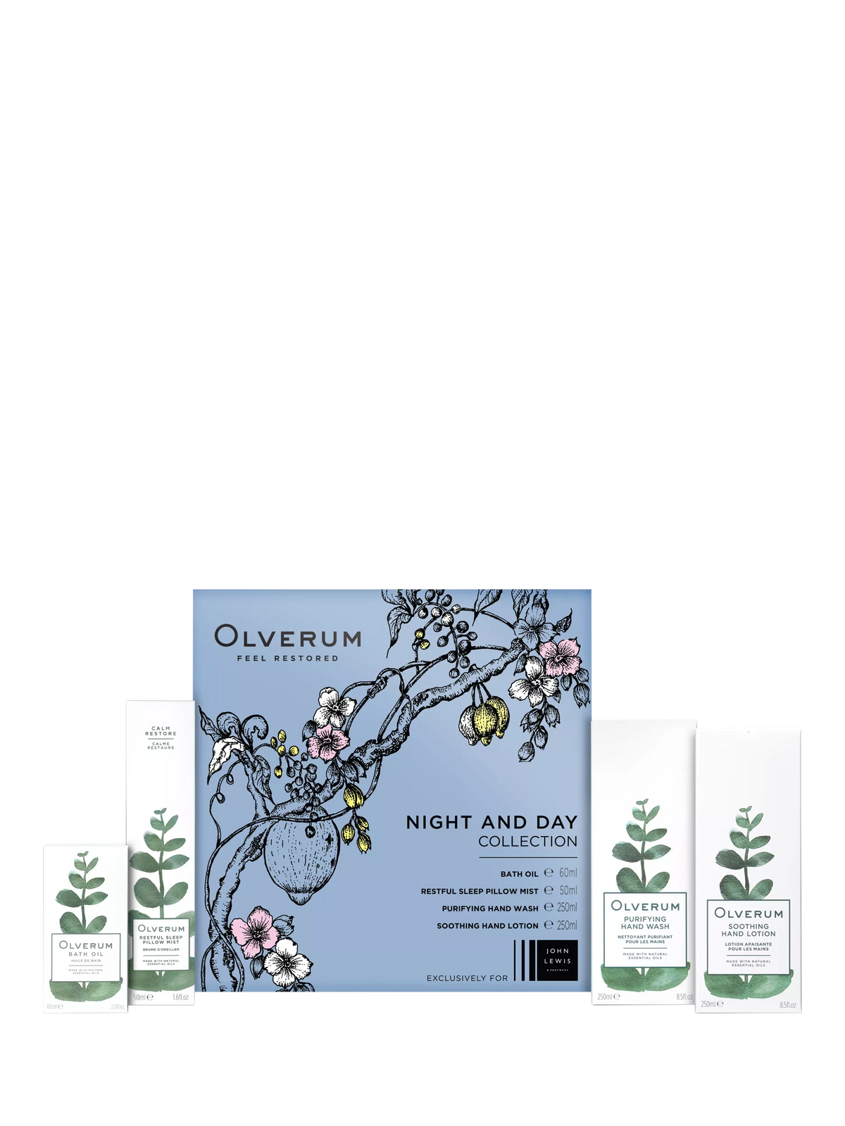 Olverum Night and Day Collection Bodycare Gift Set with bath oil, pillow mist, hand wash, and lotion, imported from the UK