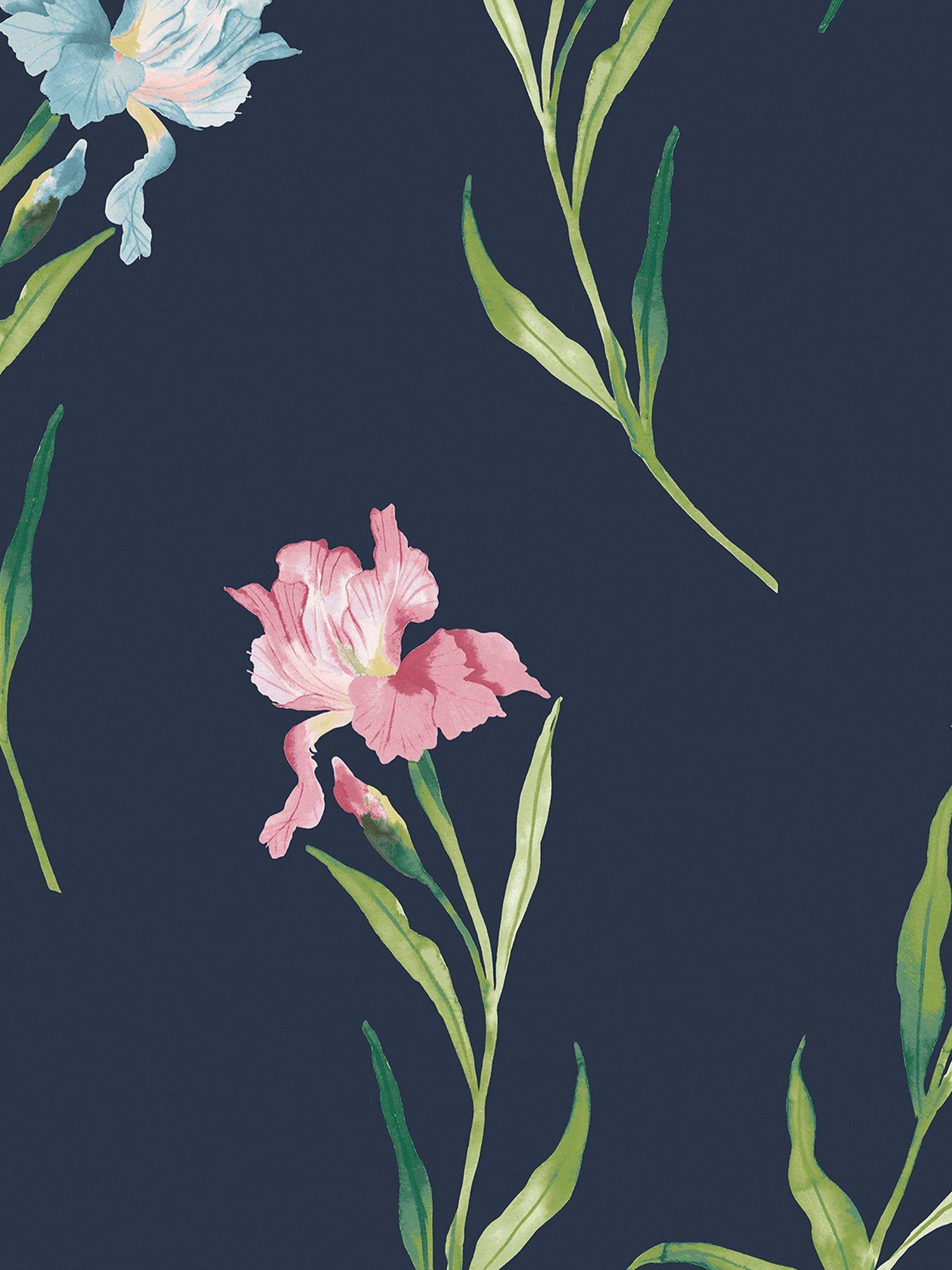 Laura Ashley floral watercolour wallpaper with iris pattern in midnight seaspray, UK version
