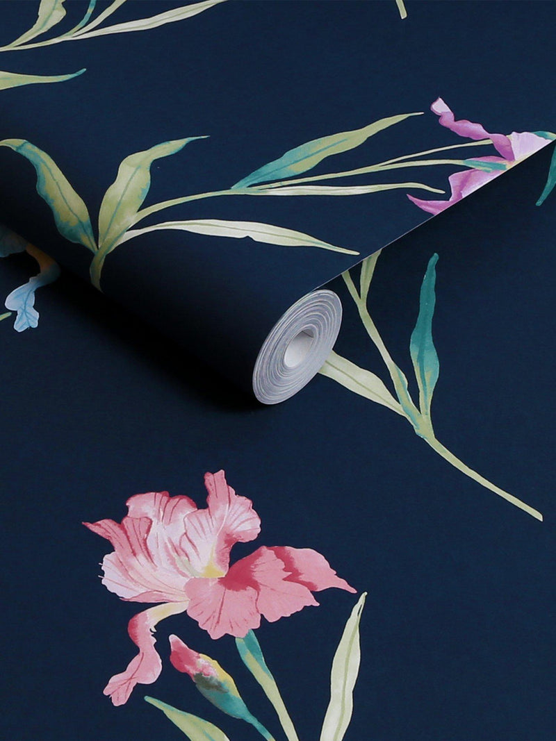 Laura Ashley floral watercolour wallpaper with iris pattern in midnight seaspray, UK version