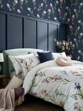 Laura Ashley floral watercolour wallpaper with iris pattern in midnight seaspray, UK version
