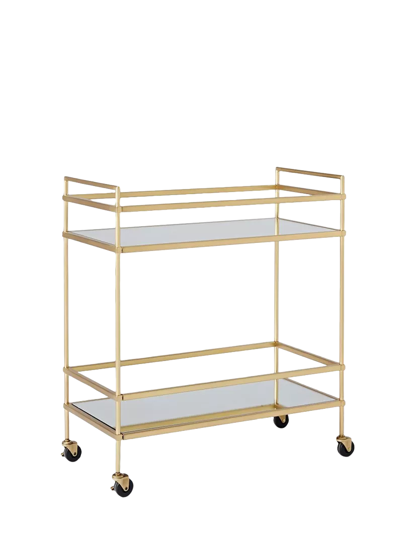 West Elm bar cart antique brass mirrored shelves, imported from the UK