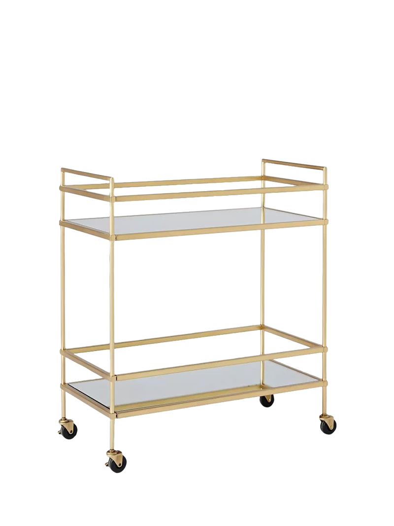 West Elm bar cart antique brass mirrored shelves, imported from the UK