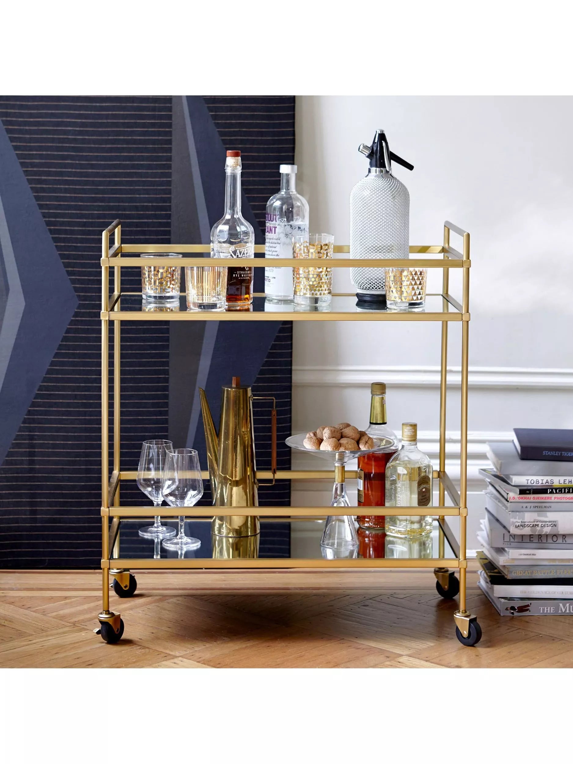 West Elm bar cart antique brass mirrored shelves, imported from the UK