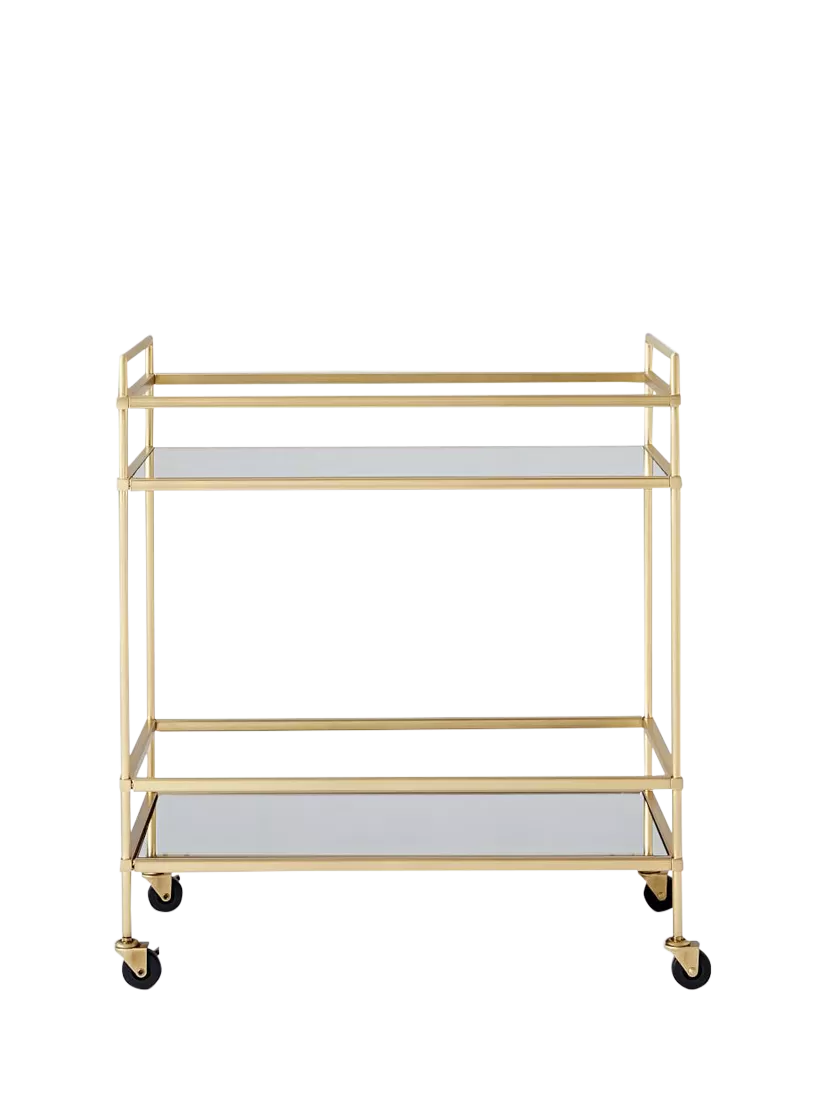 West Elm bar cart antique brass mirrored shelves, imported from the UK