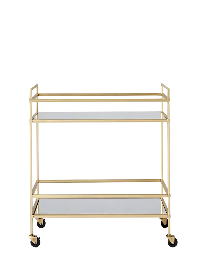 West Elm bar cart antique brass mirrored shelves, imported from the UK