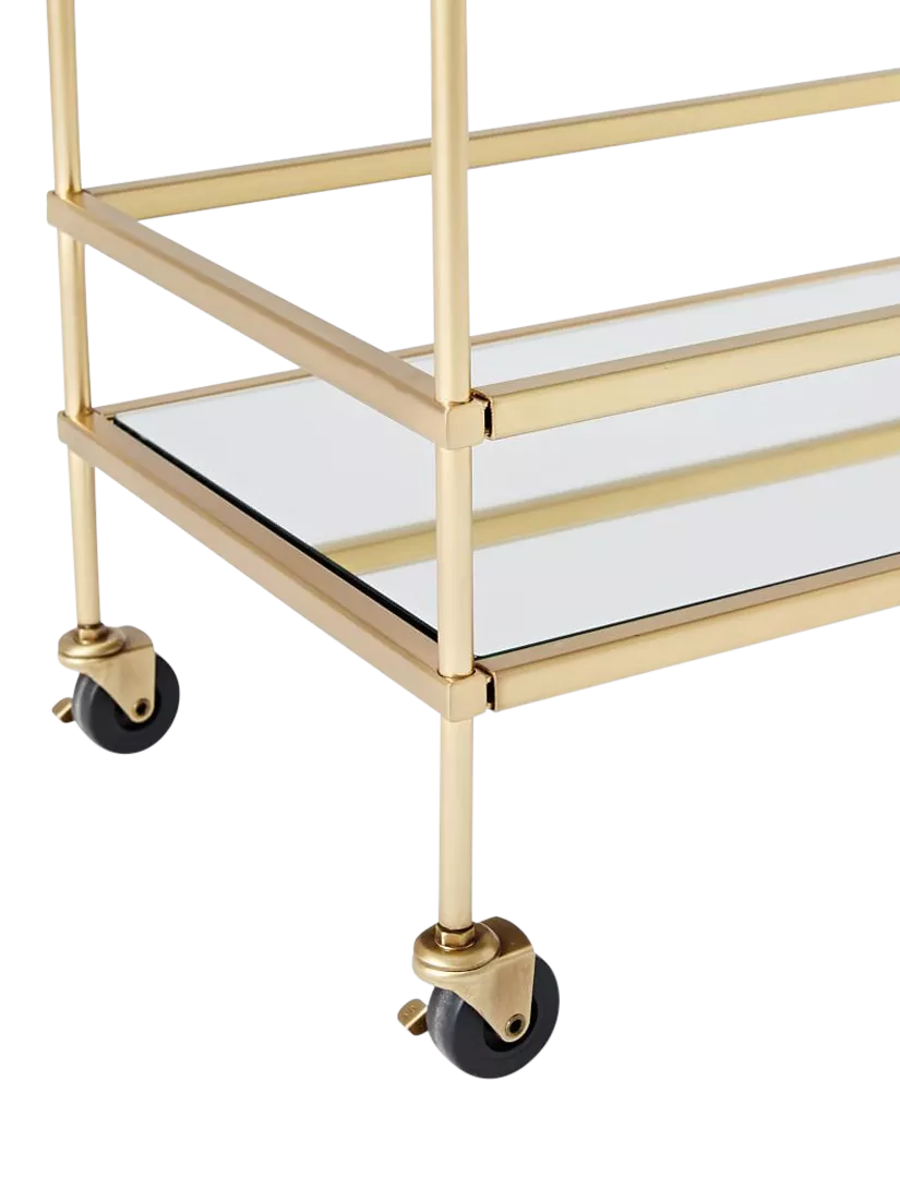 West Elm bar cart antique brass mirrored shelves, imported from the UK