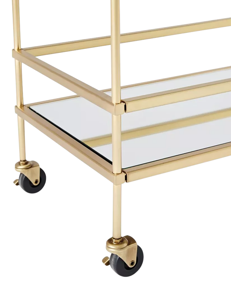 West Elm bar cart antique brass mirrored shelves, imported from the UK