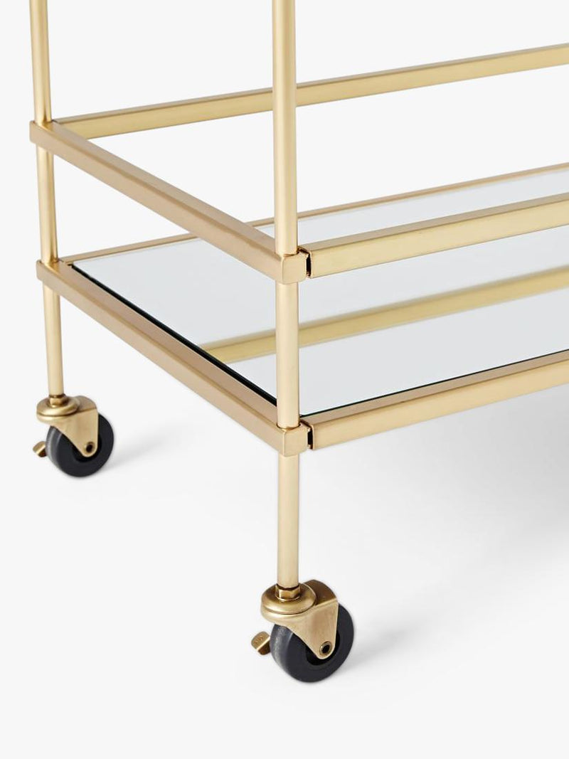 West Elm bar cart antique brass mirrored shelves, imported from the UK