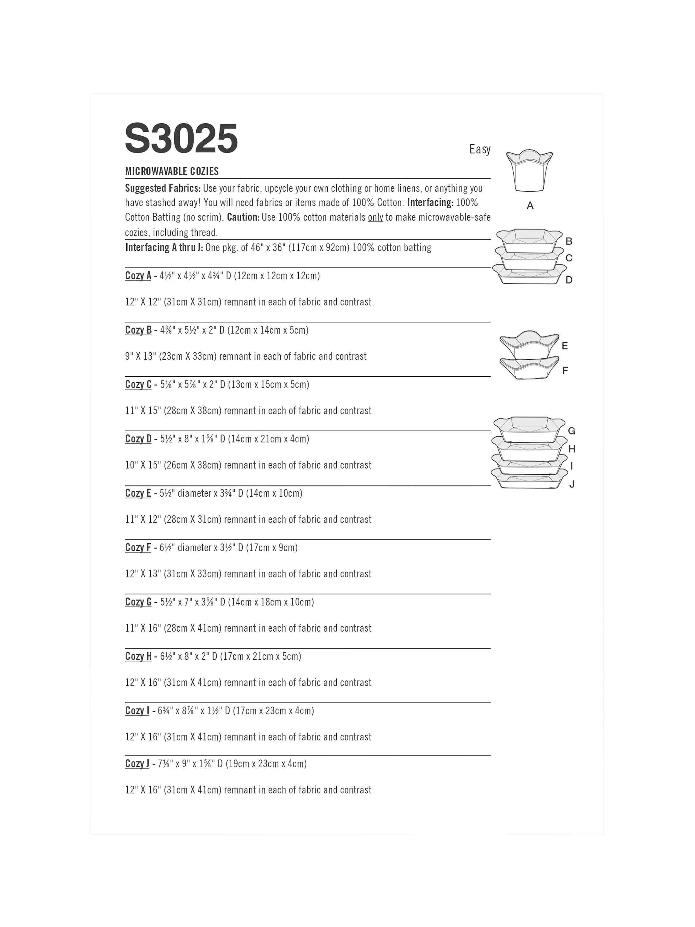 Simplicity microwave cozy sewing pattern SS3025OS, imported from the UK