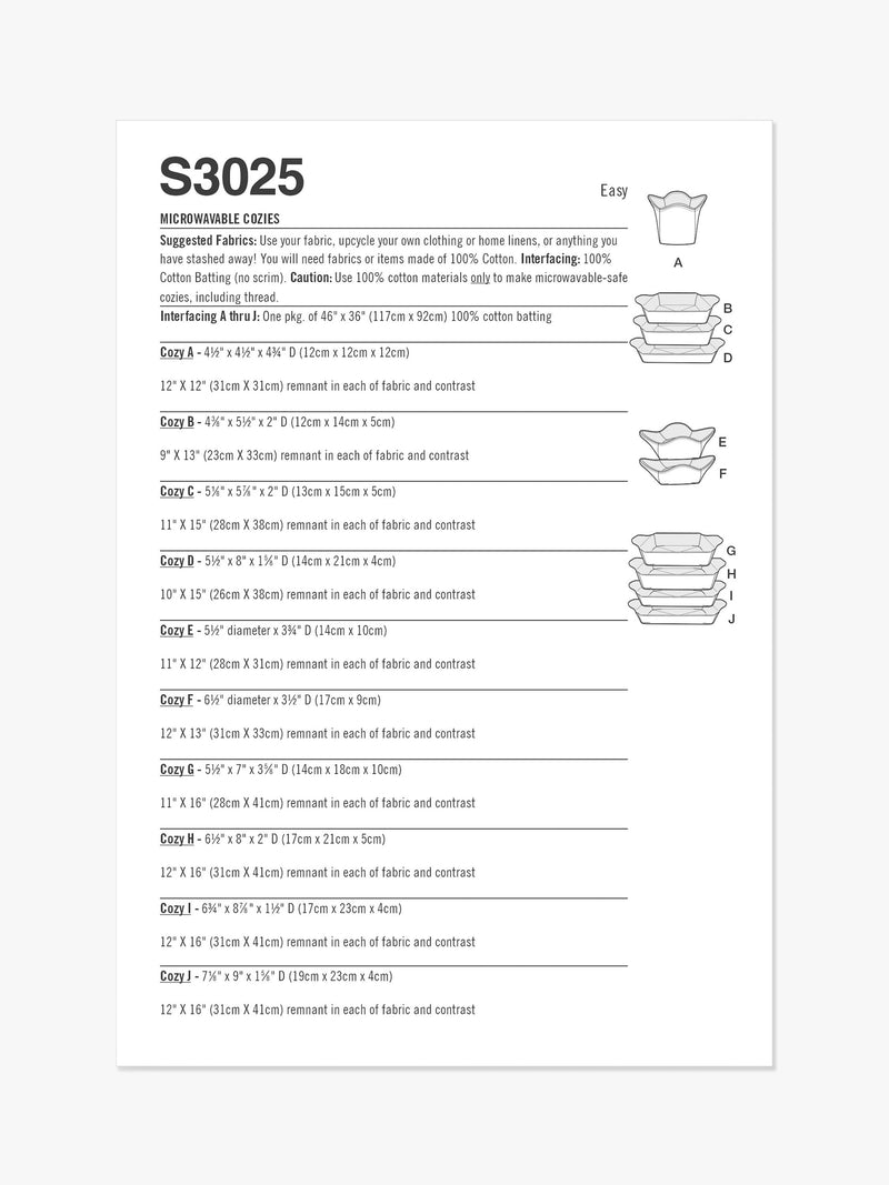 Simplicity microwave cozy sewing pattern SS3025OS, imported from the UK