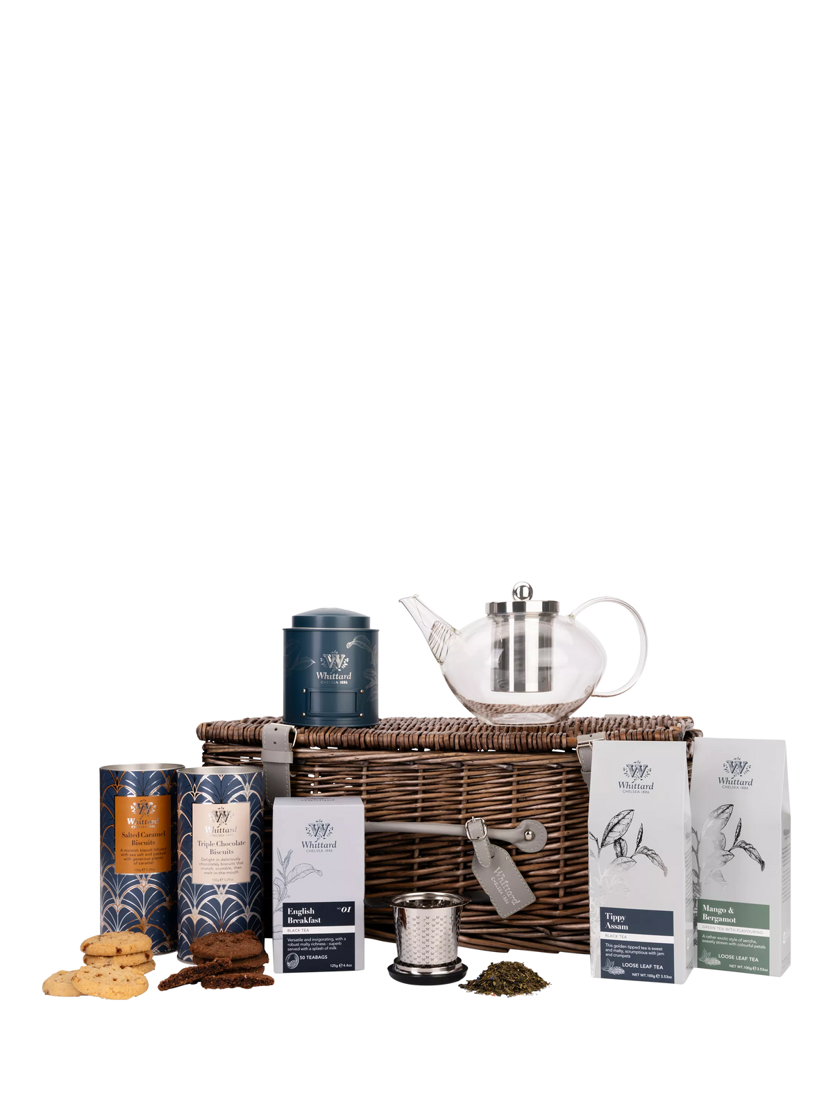 Whittard wicker hamper with tea selection, teapot, infuser, caddy, and biscuits (British brand)