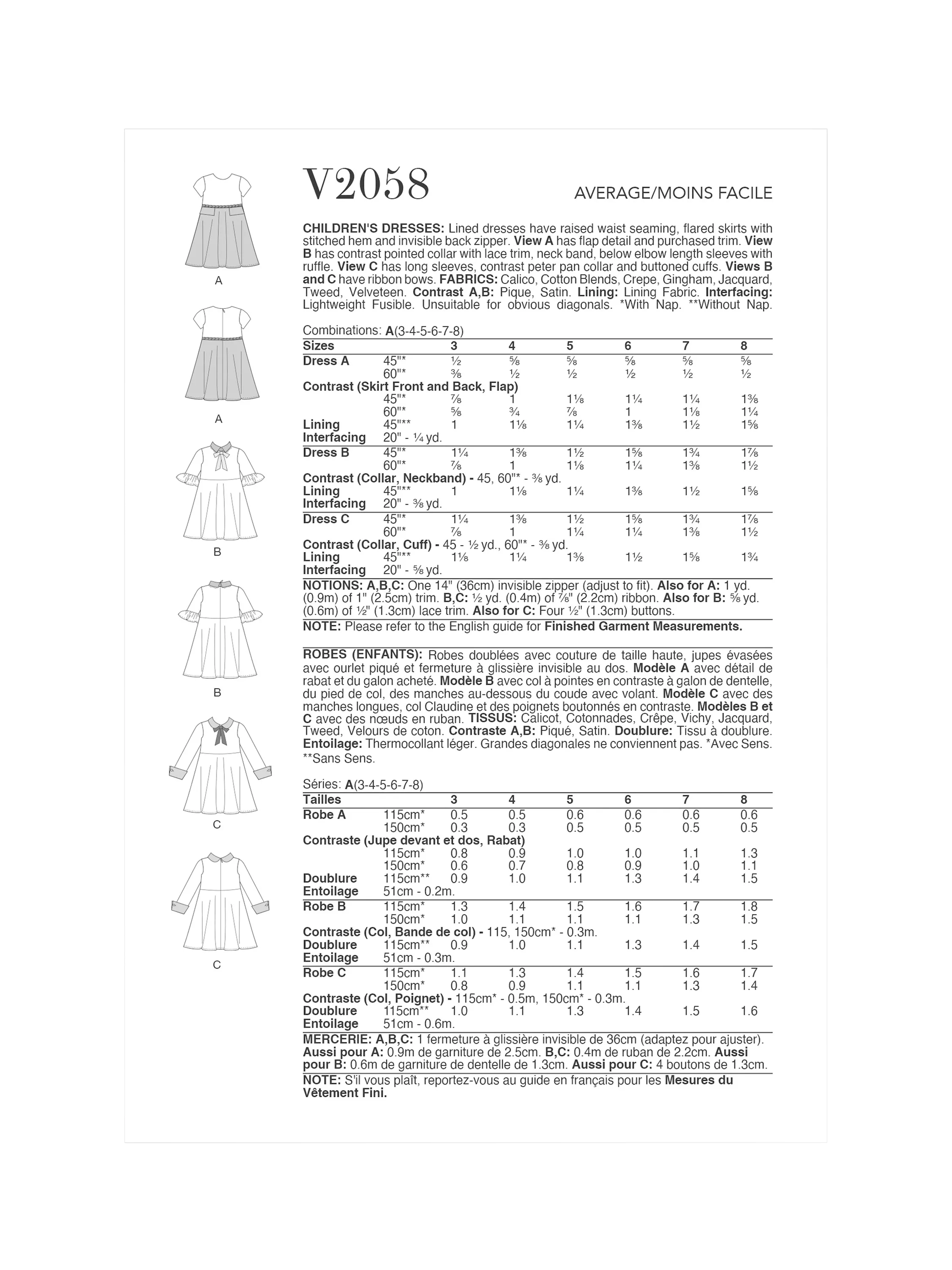 Simplicity Vogue children's dresses sewing pattern V2058, UK version