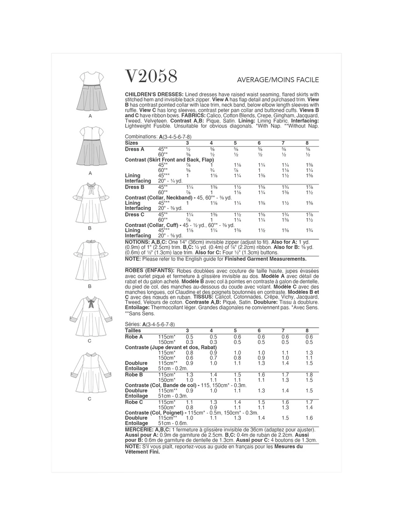 Simplicity Vogue children's dresses sewing pattern V2058, UK version