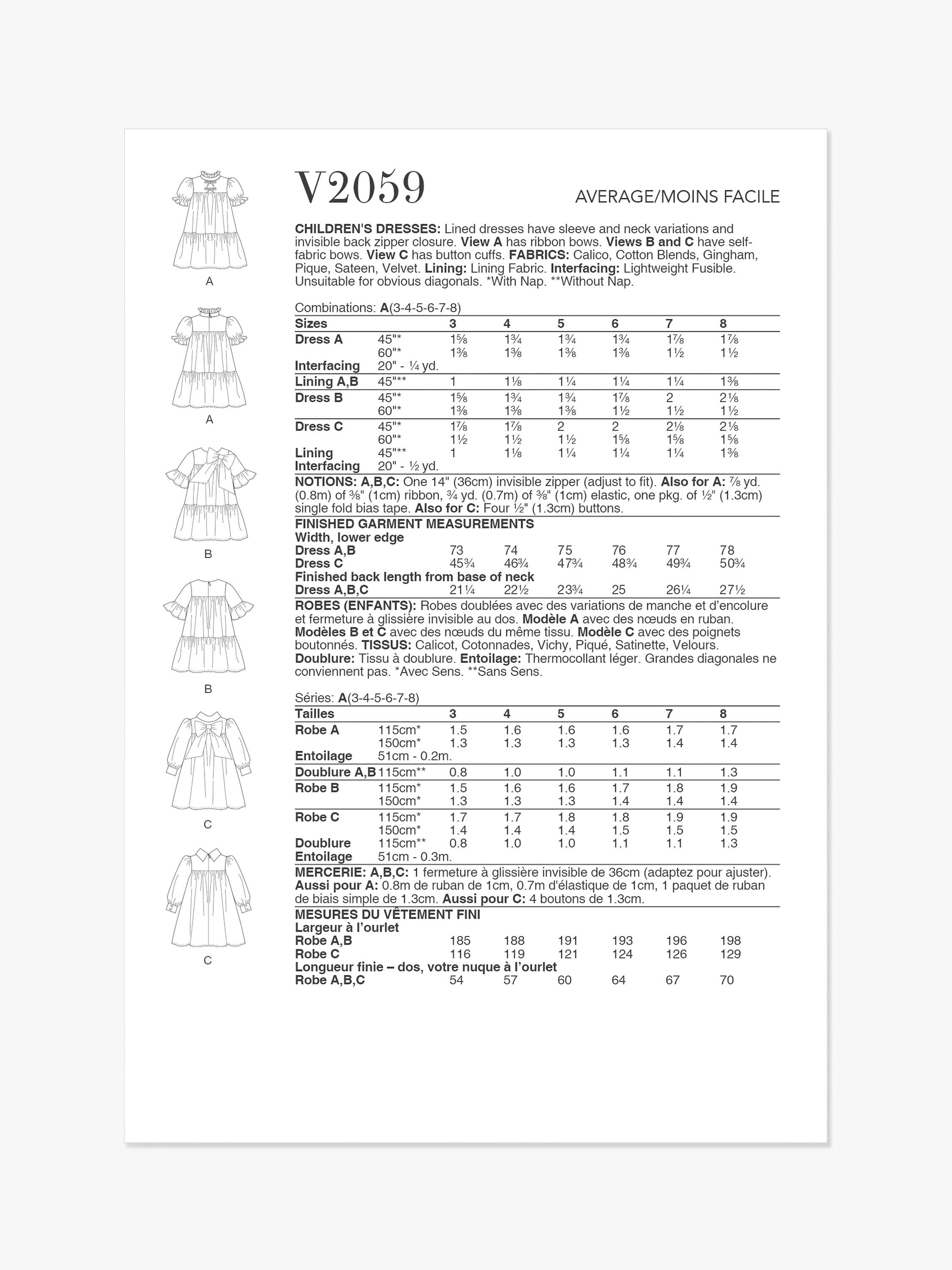 Simplicity Vogue V2059 children's dresses sewing pattern, UK version
