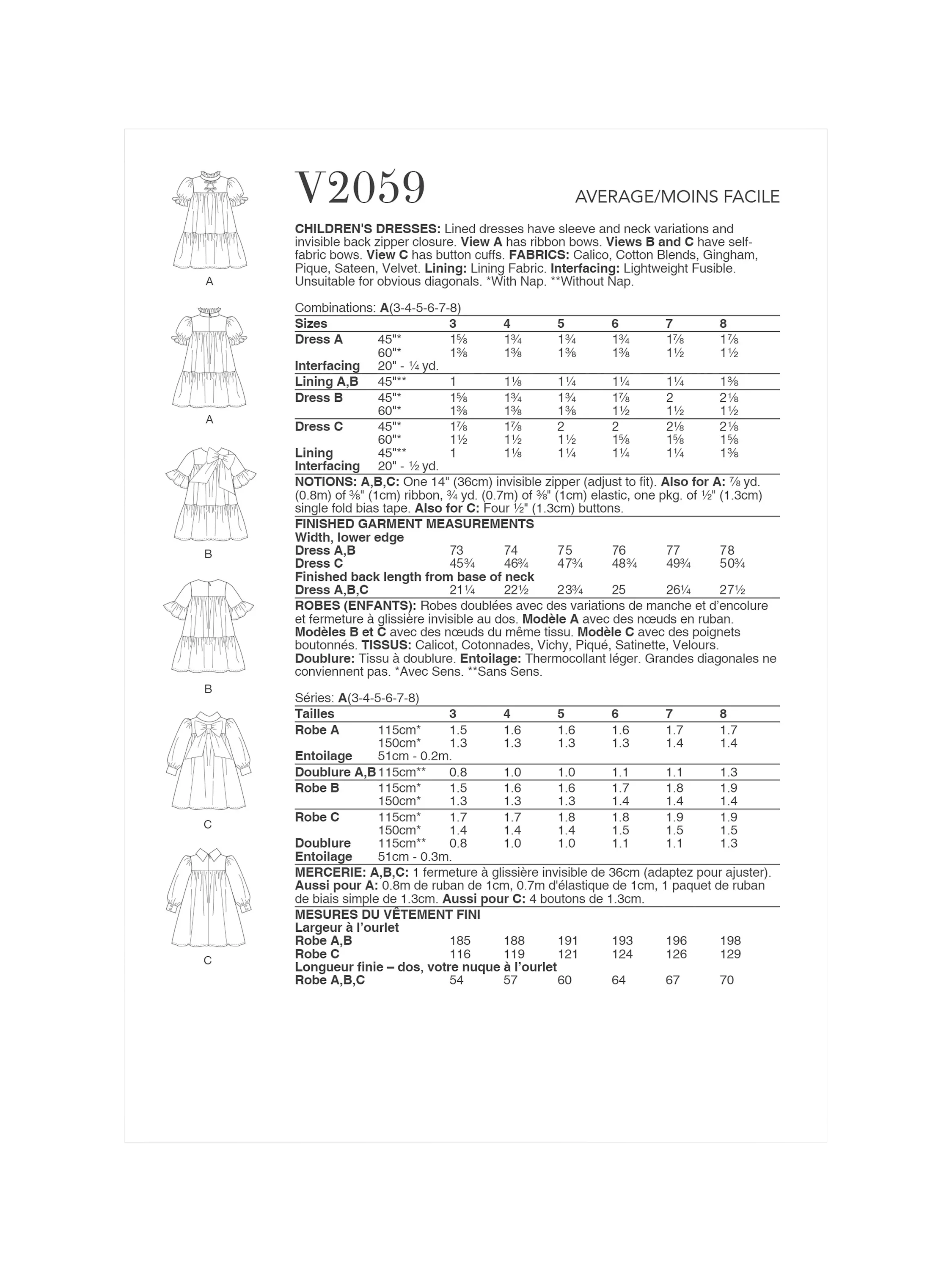 Simplicity Vogue V2059 children's dresses sewing pattern, UK version