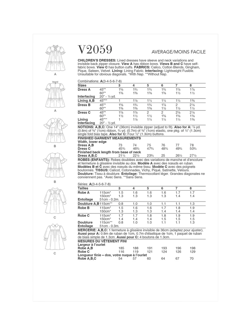 Simplicity Vogue V2059 children's dresses sewing pattern, UK version