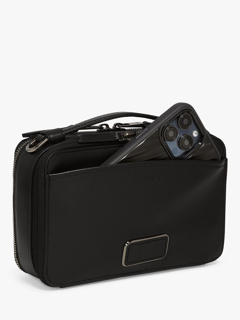 TUMI Myla leather crossbody bag in black gunmetal (British brand)