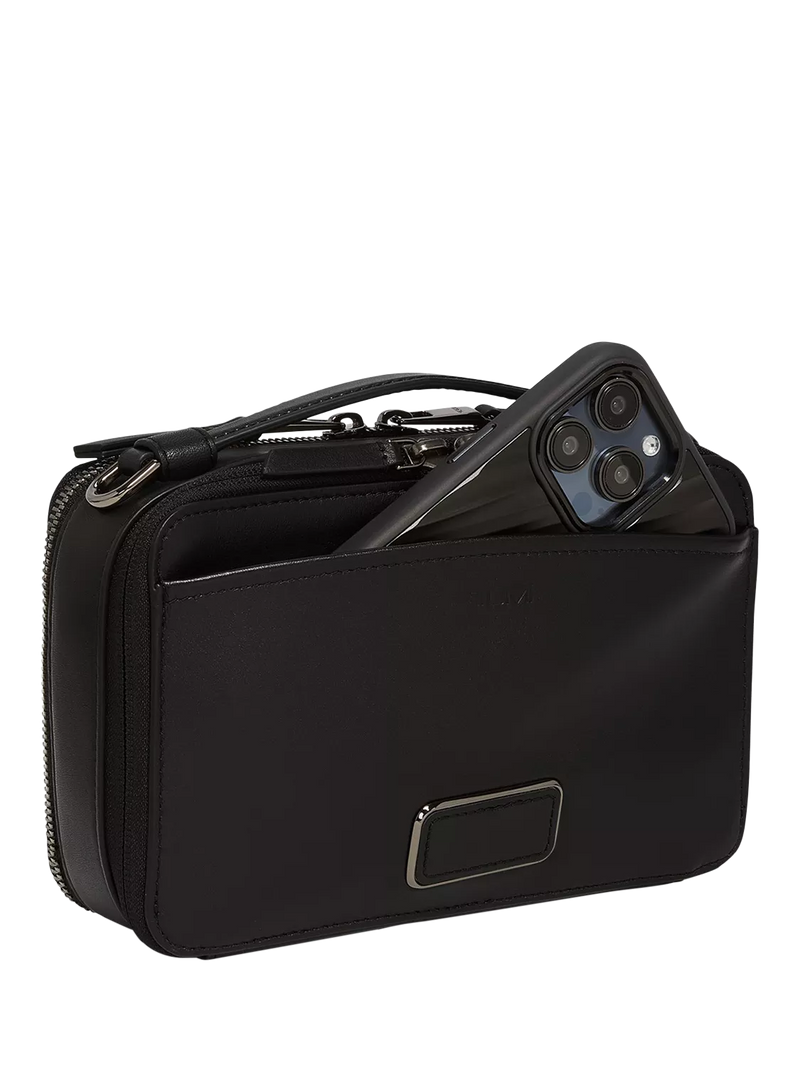 TUMI Myla leather crossbody bag in black gunmetal (British brand)