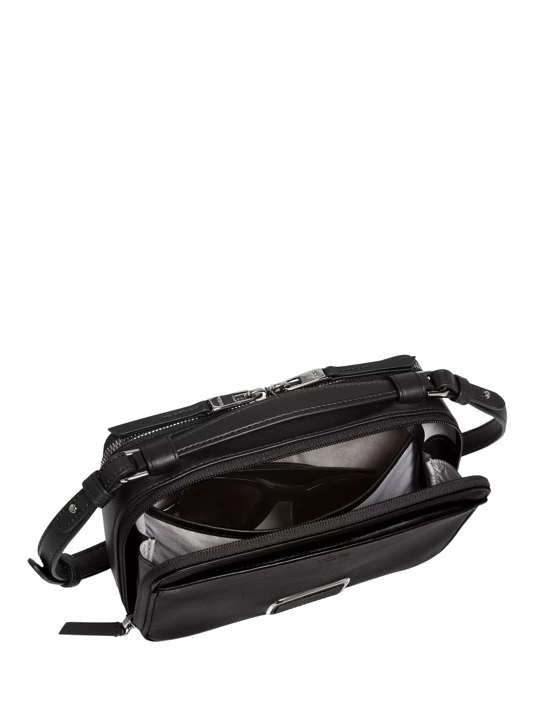 TUMI Myla leather crossbody bag in black gunmetal (British brand)