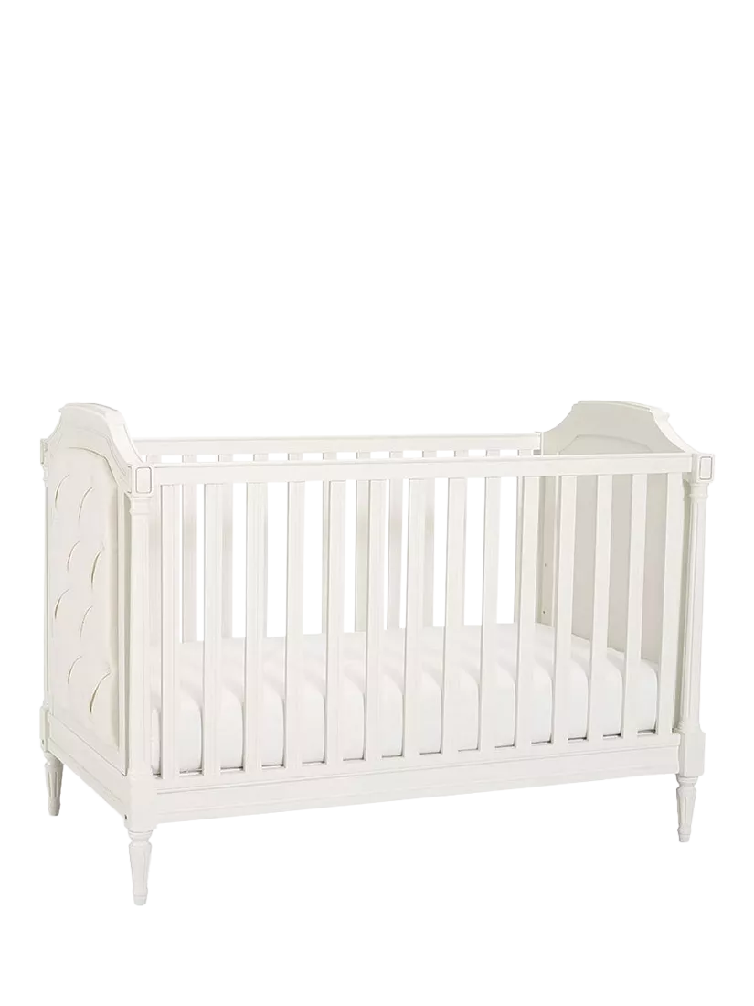 Pottery Barn Kids Blythe Upholstered Convertible Cot in French White, imported from the UK