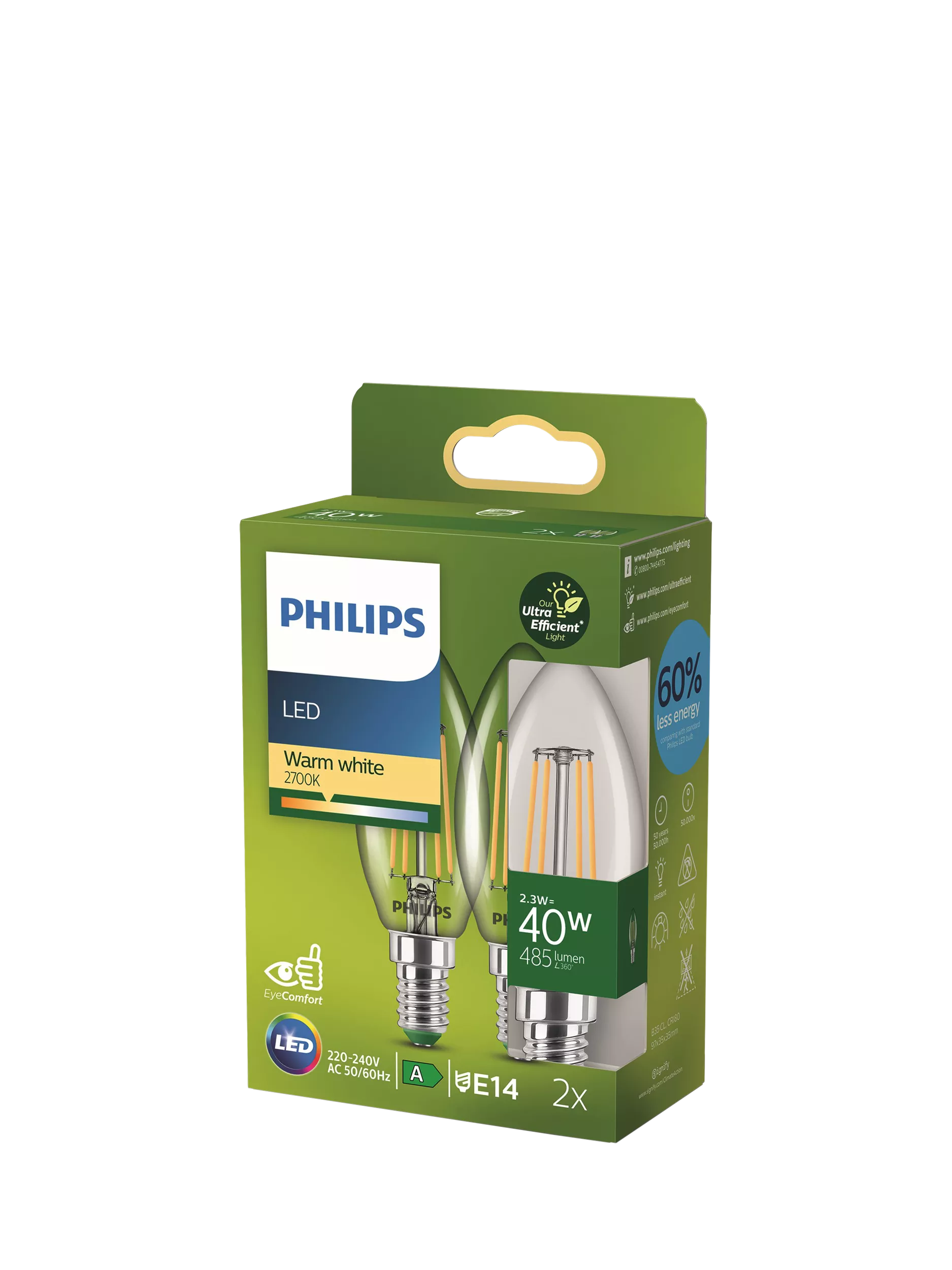Philips LED bulb 2.3W E14 warm white pack of 2, UK version