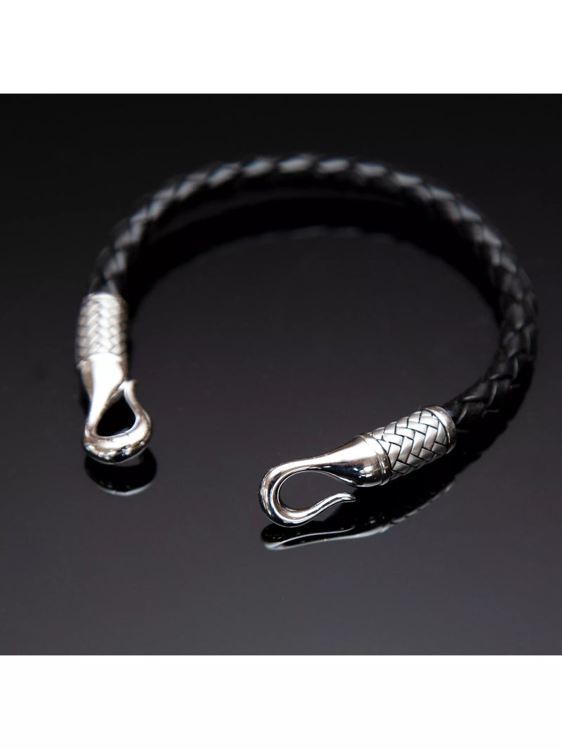 Hoxton London men's leather woven bracelet silver black - UK version