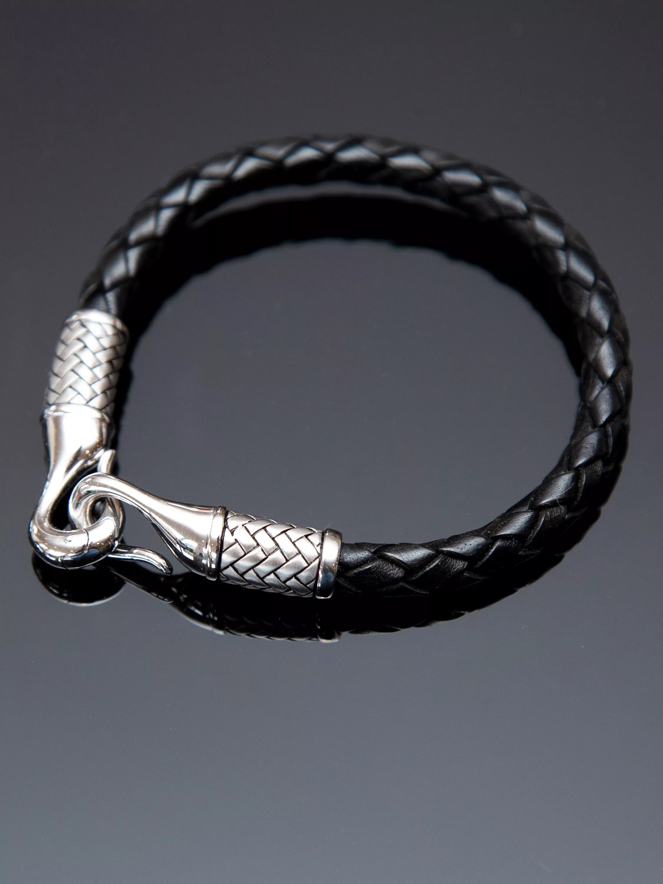 Hoxton London men's leather woven bracelet silver black - UK version