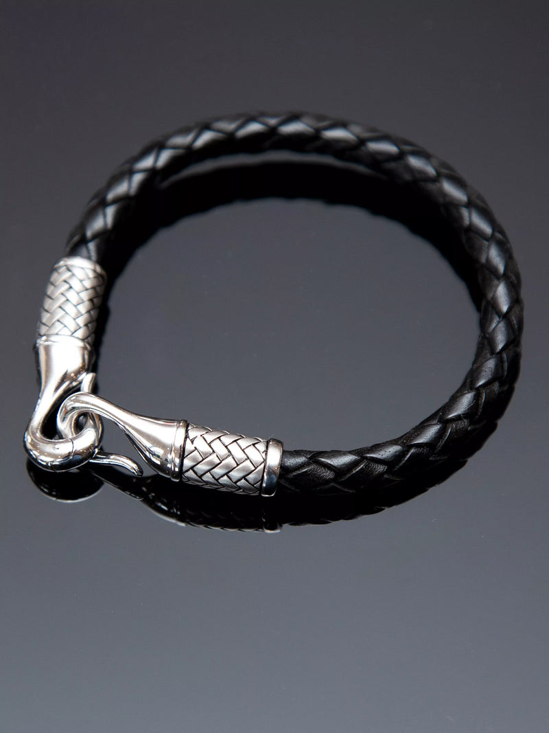 Hoxton London men's leather woven bracelet silver black - UK version