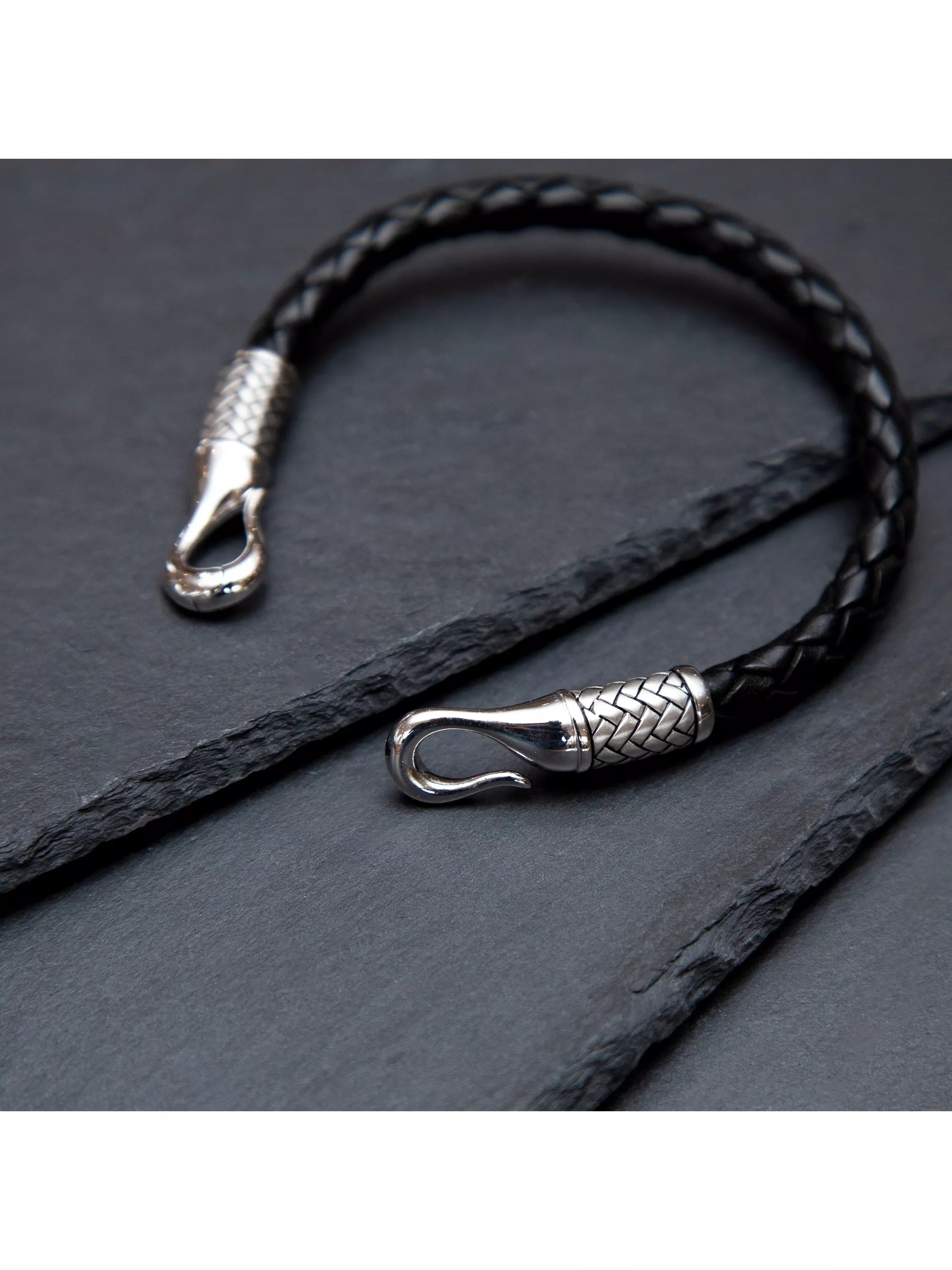 Hoxton London men's leather woven bracelet silver black - UK version