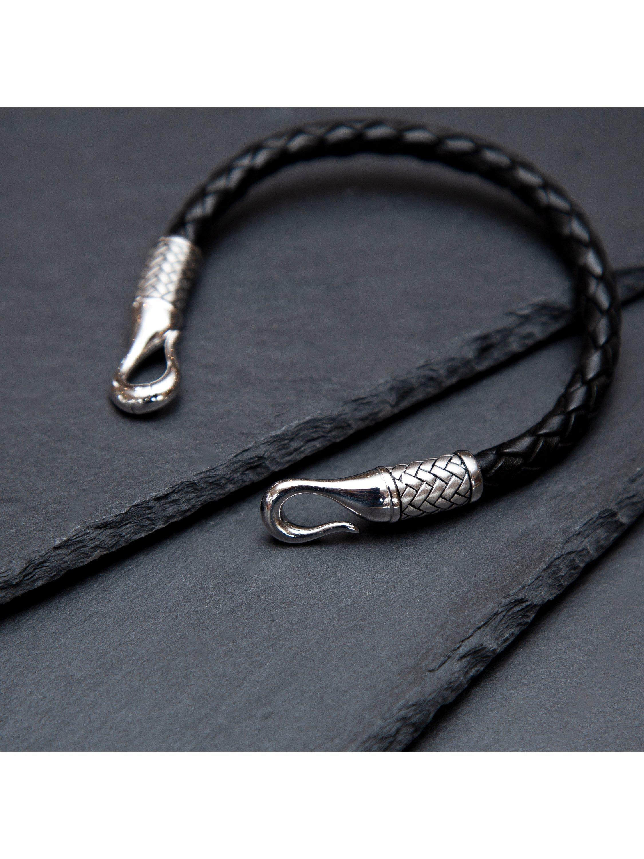 Hoxton London men's leather woven bracelet silver black - UK version