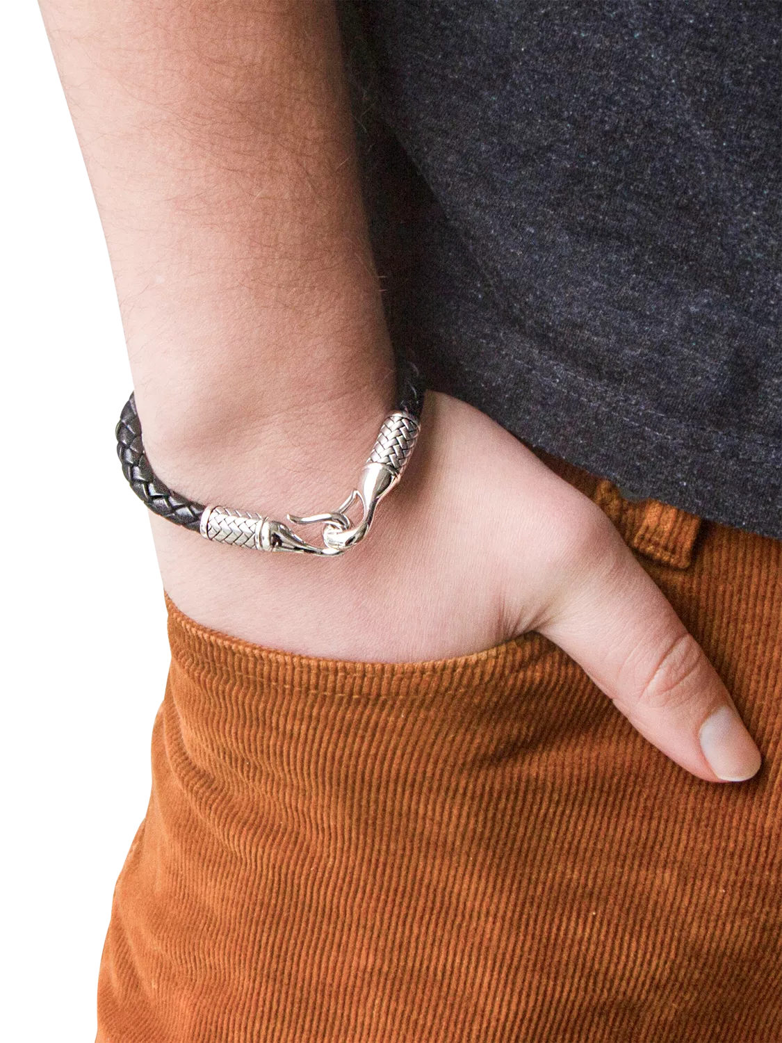 Hoxton London men's leather woven bracelet silver black - UK version