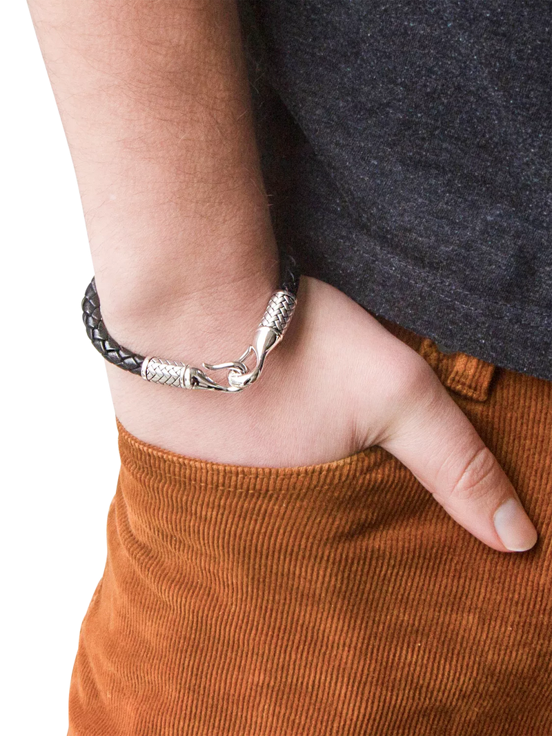 Hoxton London men's leather woven bracelet silver black - UK version