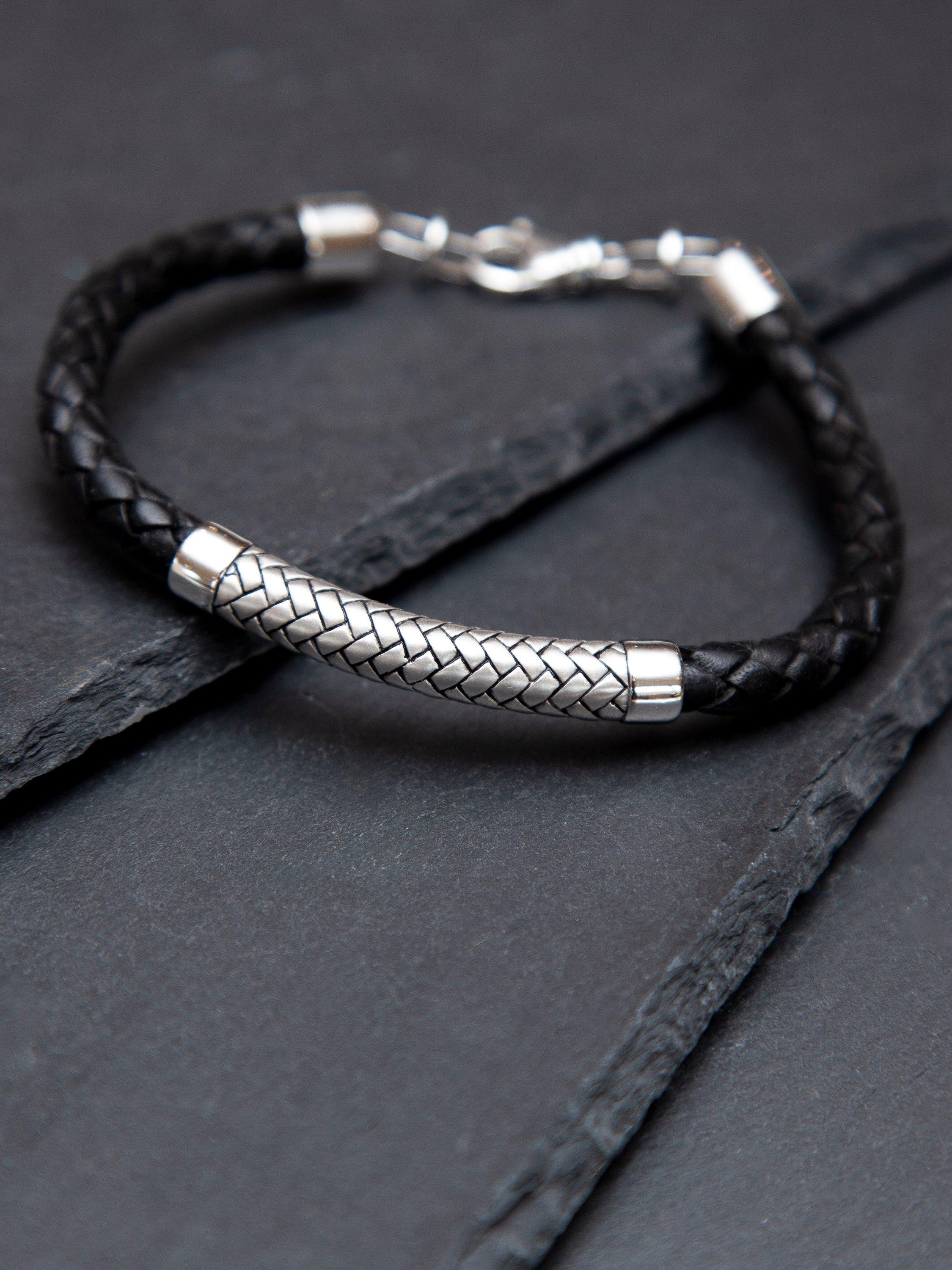 Hoxton London rhodium plated leather bracelet 21.5cm, UK version