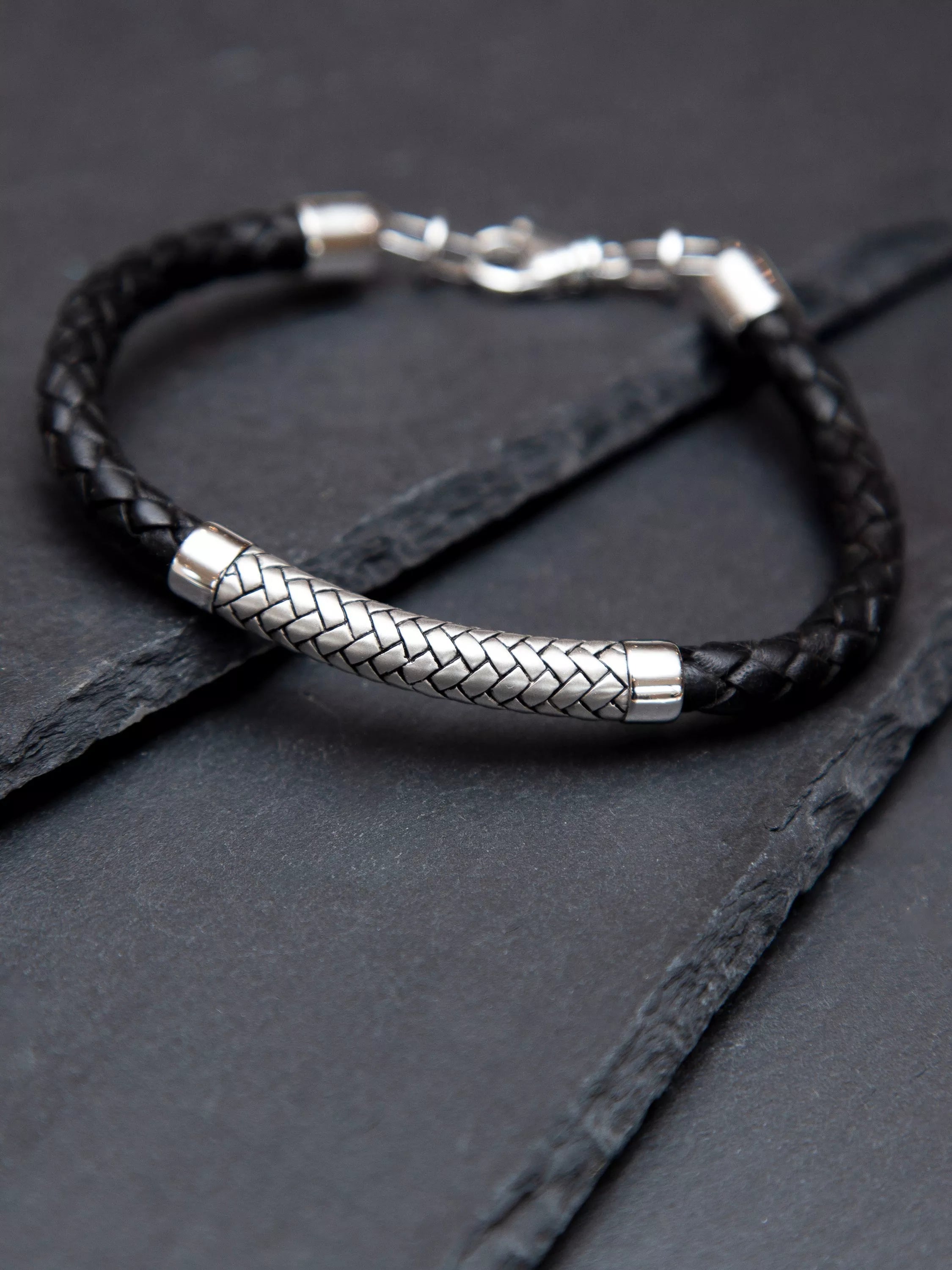 Hoxton London rhodium plated leather bracelet 21.5cm, UK version