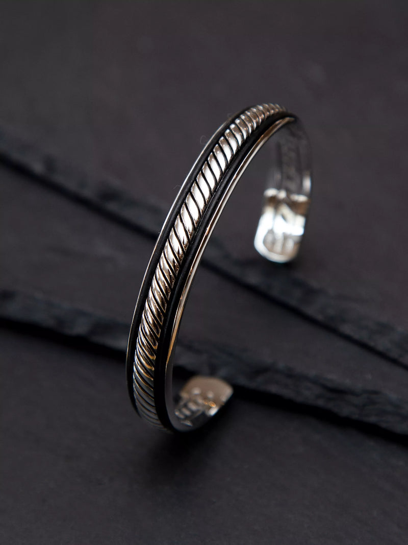 Hoxton London twist leather bangle silver black, imported from the UK