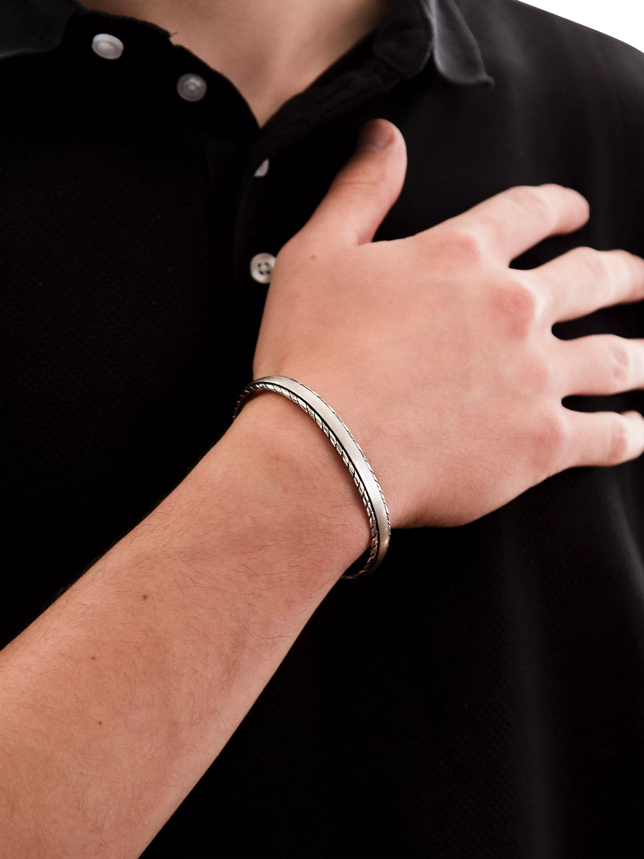 Hoxton London rhodium plated silver satin twist bangle, UK version