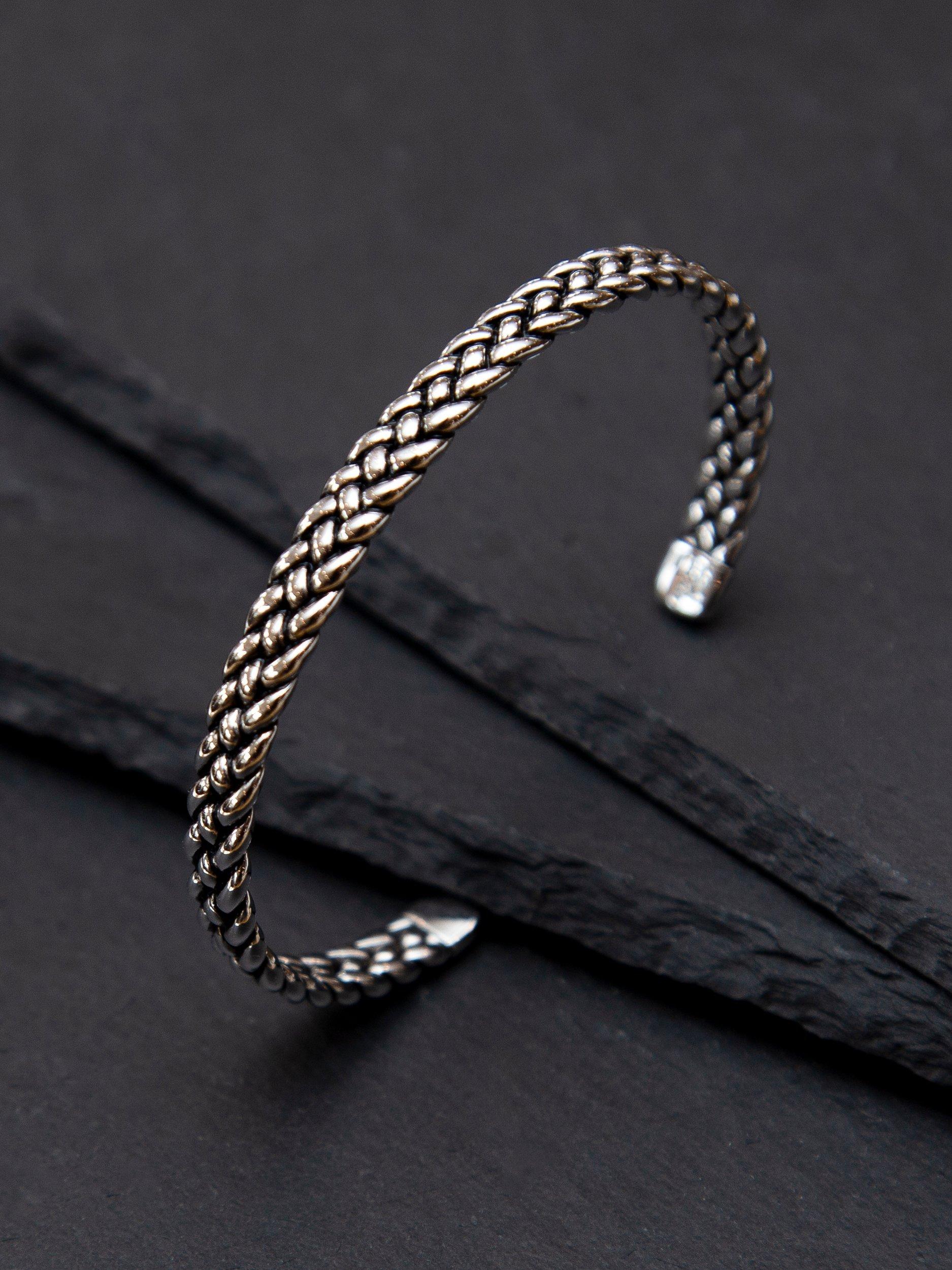Hoxton London men's oxidised braided silver cuff bangle, UK version