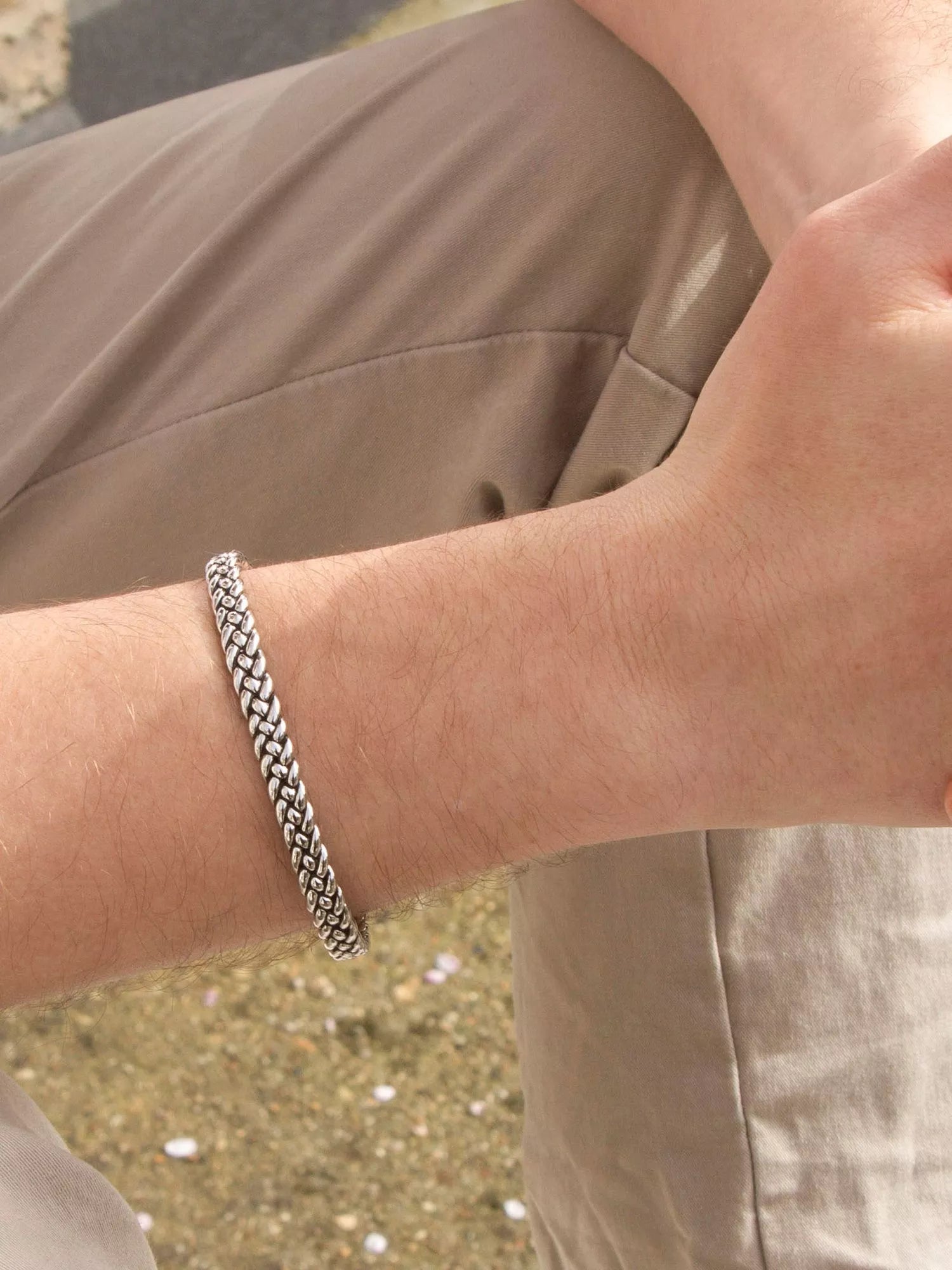 Hoxton London men's oxidised braided silver cuff bangle, UK version