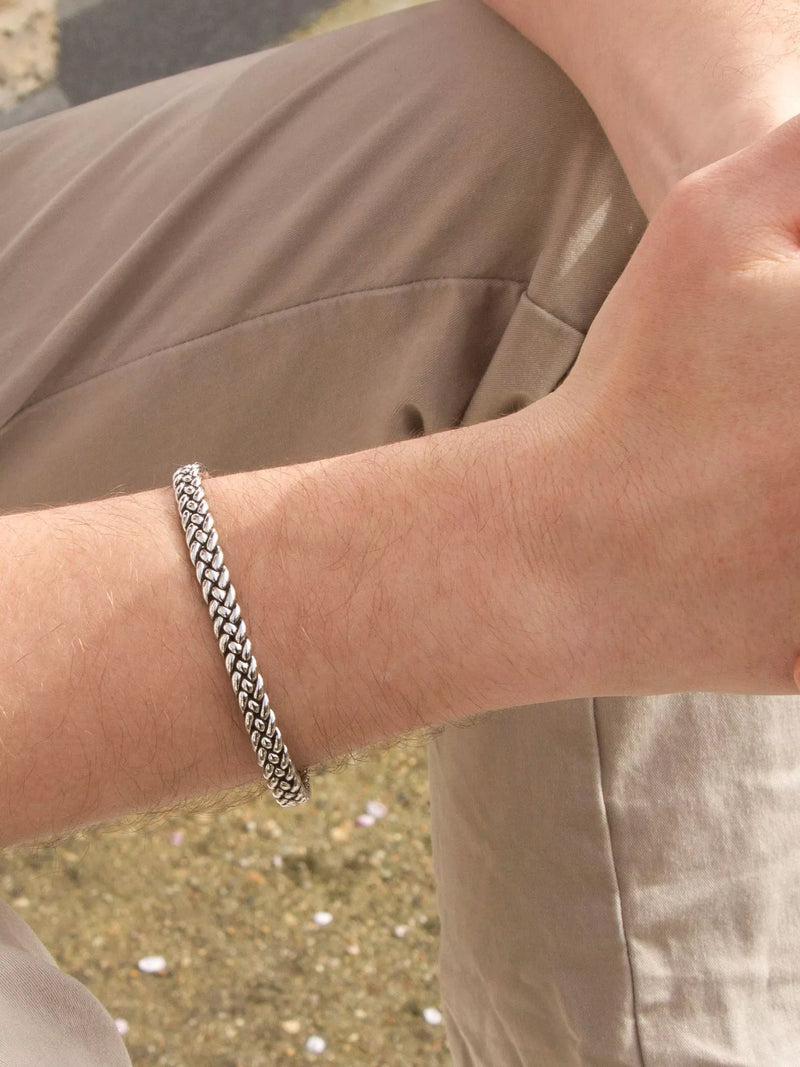Hoxton London men's oxidised braided silver cuff bangle, UK version
