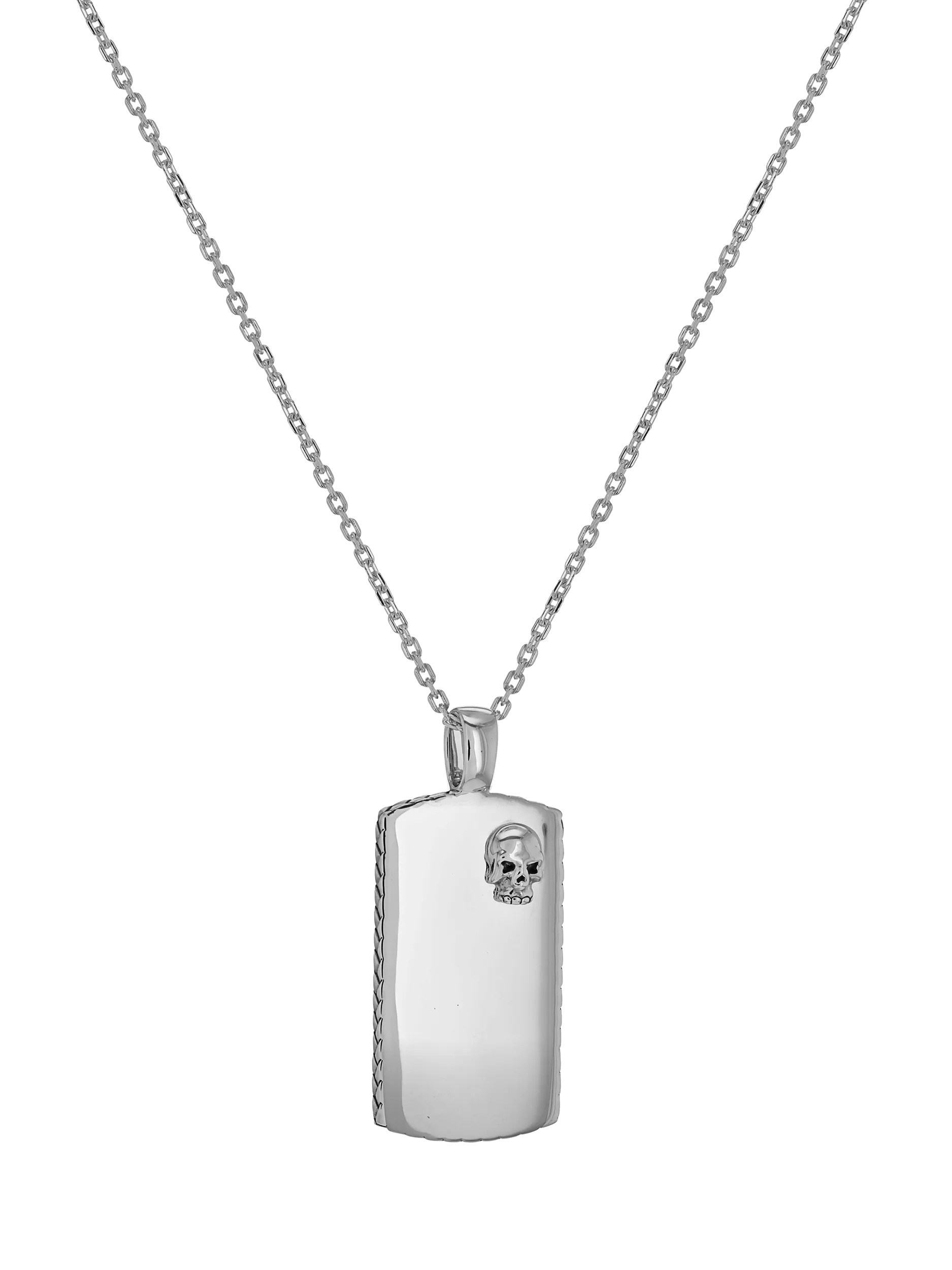 Hoxton London rhodium plated dog tag necklace in silver, imported from the UK