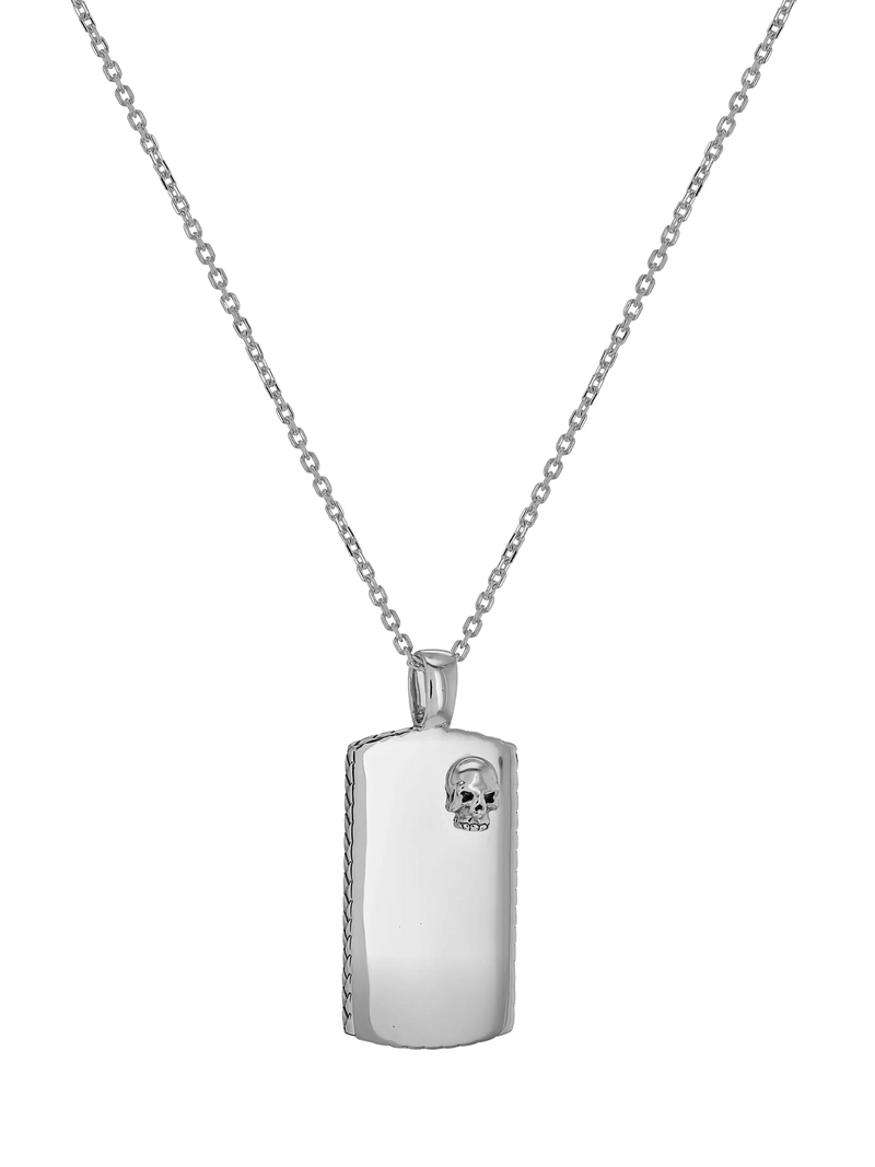 Hoxton London rhodium plated dog tag necklace in silver, imported from the UK