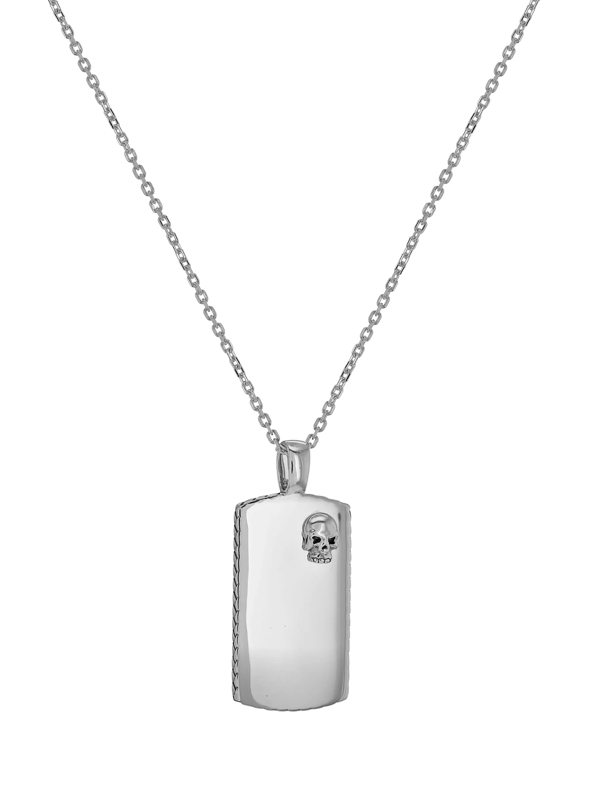 Hoxton London rhodium plated dog tag necklace in silver, imported from the UK
