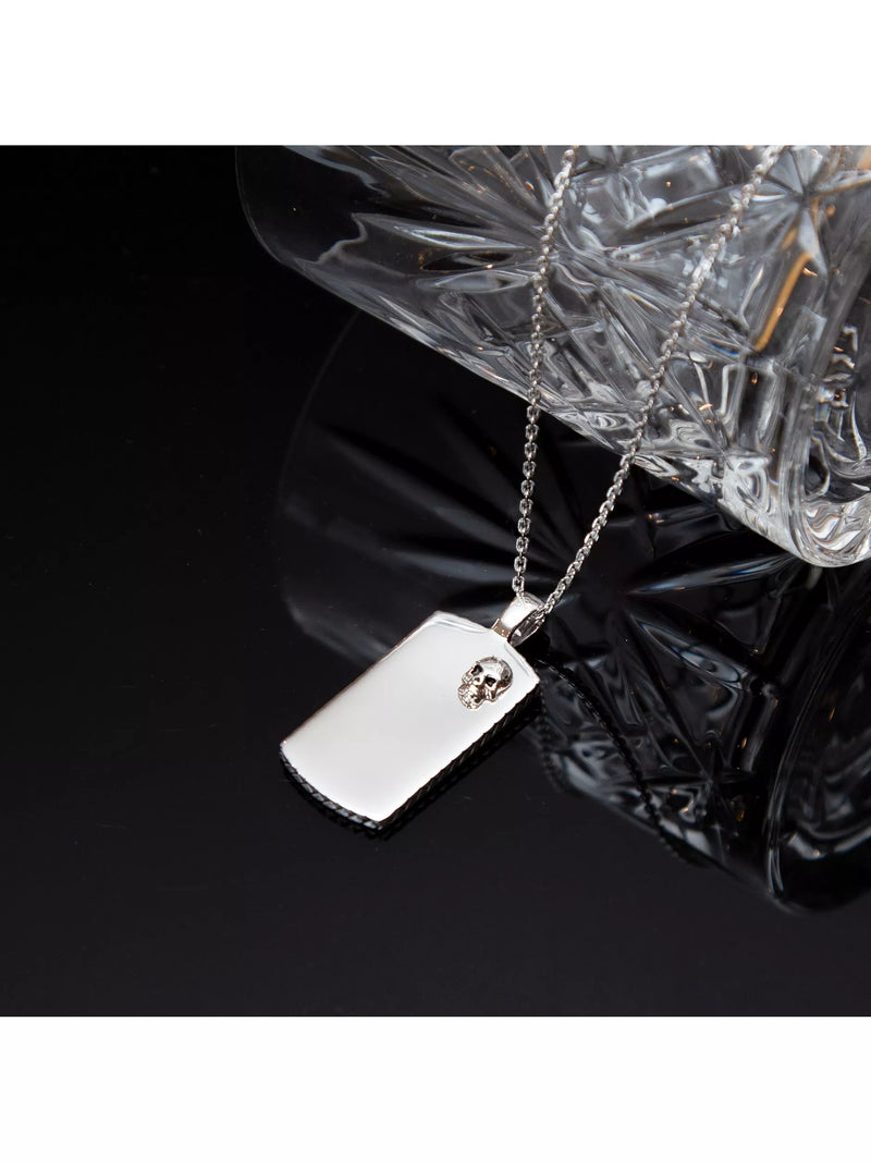 Hoxton London rhodium plated dog tag necklace in silver, imported from the UK
