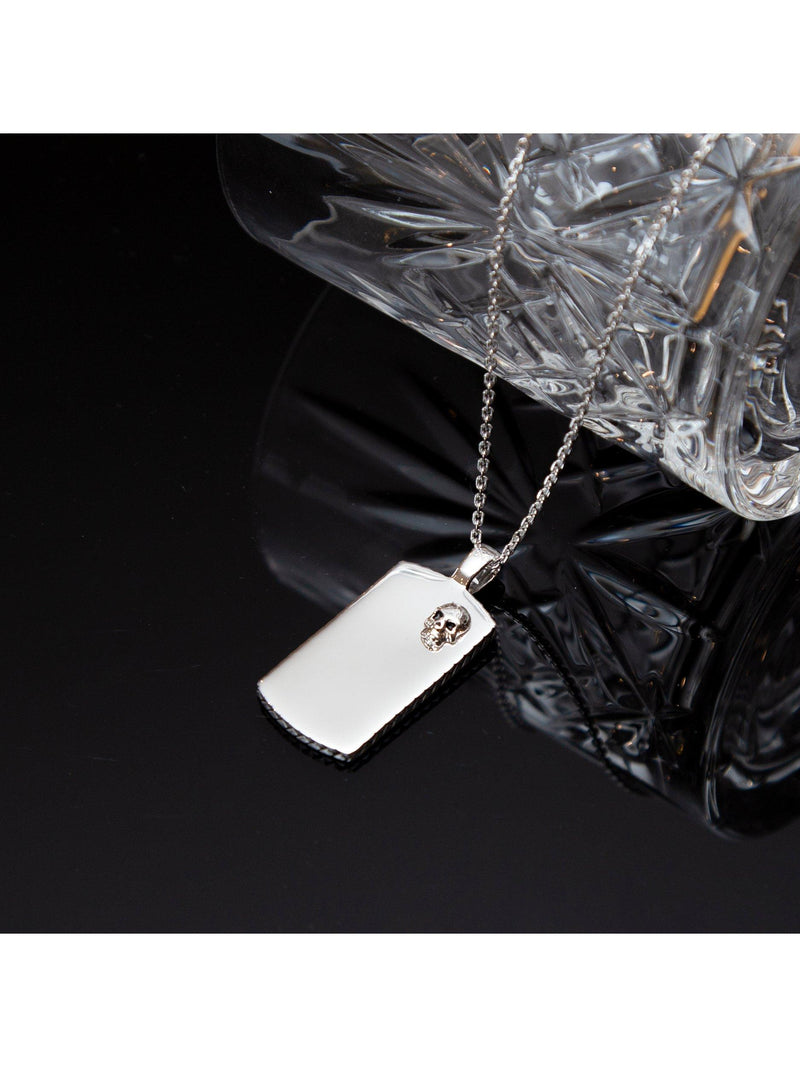 Hoxton London rhodium plated dog tag necklace in silver, imported from the UK